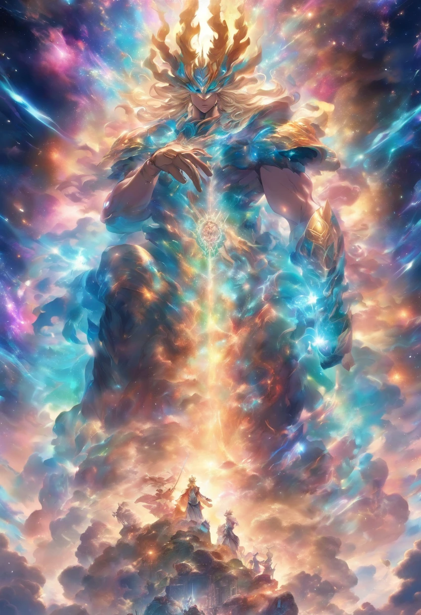 An ethereal god of the galaxy sitting on a magnificent cosmic throne, com um misterioso rosto mascarado. Its muscular body is armored and composed of spinning galaxies, Emanating Cosmic Energy. The scene is bathed in a mesmerizing multicolored glow, como corpos celestes orbitam em torno deles --s 150 --ar 1:1 --c 5 --v 5.2