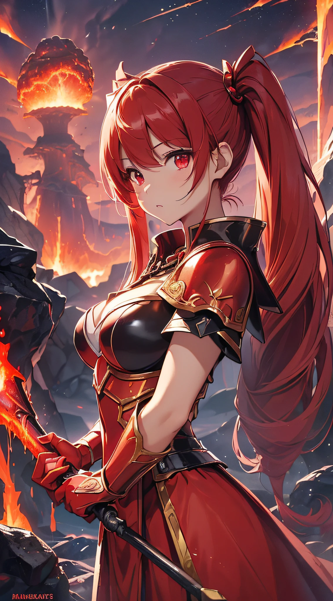 A woman in a red dress holding a sword in front of a mountain - SeaArt AI