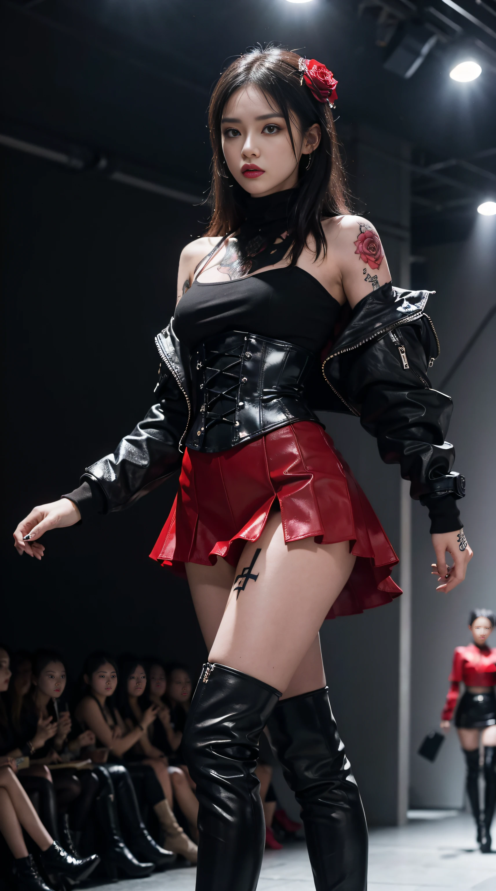 (Dramatic), (grittiness), (Intense),A female model,(Tattooed with)，She wears a stud PVC corset，red colour，On the shoulders(feater), wind coat，(kneehigh boots)，(Superskirt),(fish net leggings).(She confidently stood in the center of the runway show)。Rose flower,Fashionab, woman, Raised sexy,with dynamism, The background is dark and gritty，There is a sense of danger and a strong feeling。Adds to the overall drama and excitement。The color palette is dominated by dark colors，Dotted with bright colors，rich colourful，self-assured，boldness，attention-grabbing，Fashionab，Smart、moderno、Trendy、focus-on、