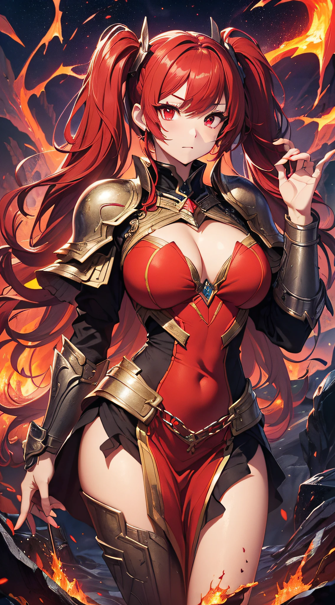 top-quality、Top image quality、​masterpiece、girl with((20yr old、Best Bust、big bast、Bust 85,Red Eyes、Breasts wide open,Long twin tails with glowing red hair、A slender、Large valleys、Red dress、Red Magma Armor,Reflecting the whole body、Glowing Red Greatsword、High-heat chain accessories)）、hiquality、Beautiful Art、Background with((Red sky、lava、the magma、Erupted volcanoes、Meteorites falling from the sky、Meteor))、masutepiece、visualart、depth of fields、