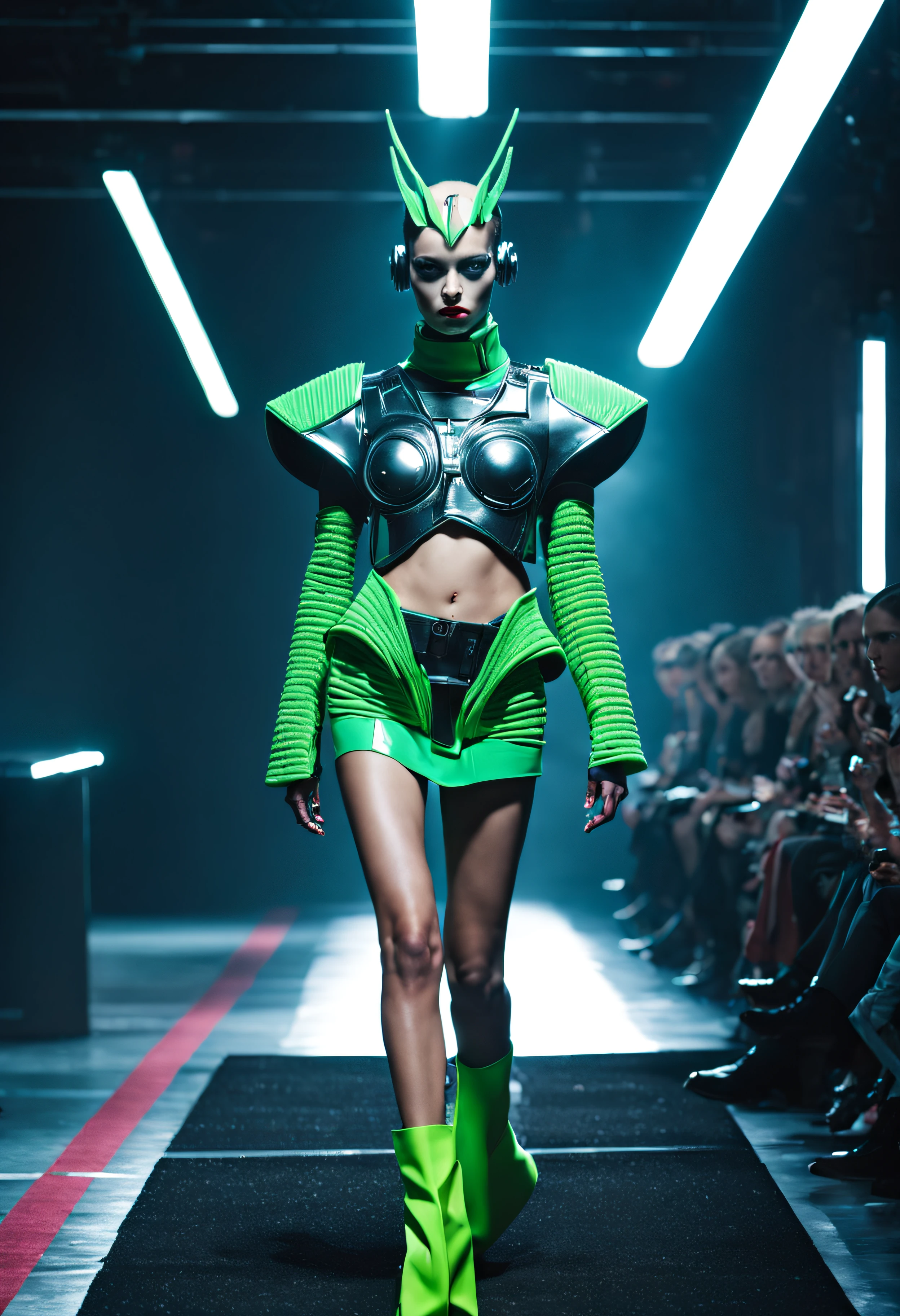 a weird fashion runway inspired by 90s cyberpunk , by Juli Grbac , by Kermit Tesoro , by Leona Edmiston ,  cinematic, detailed face, perfect photography