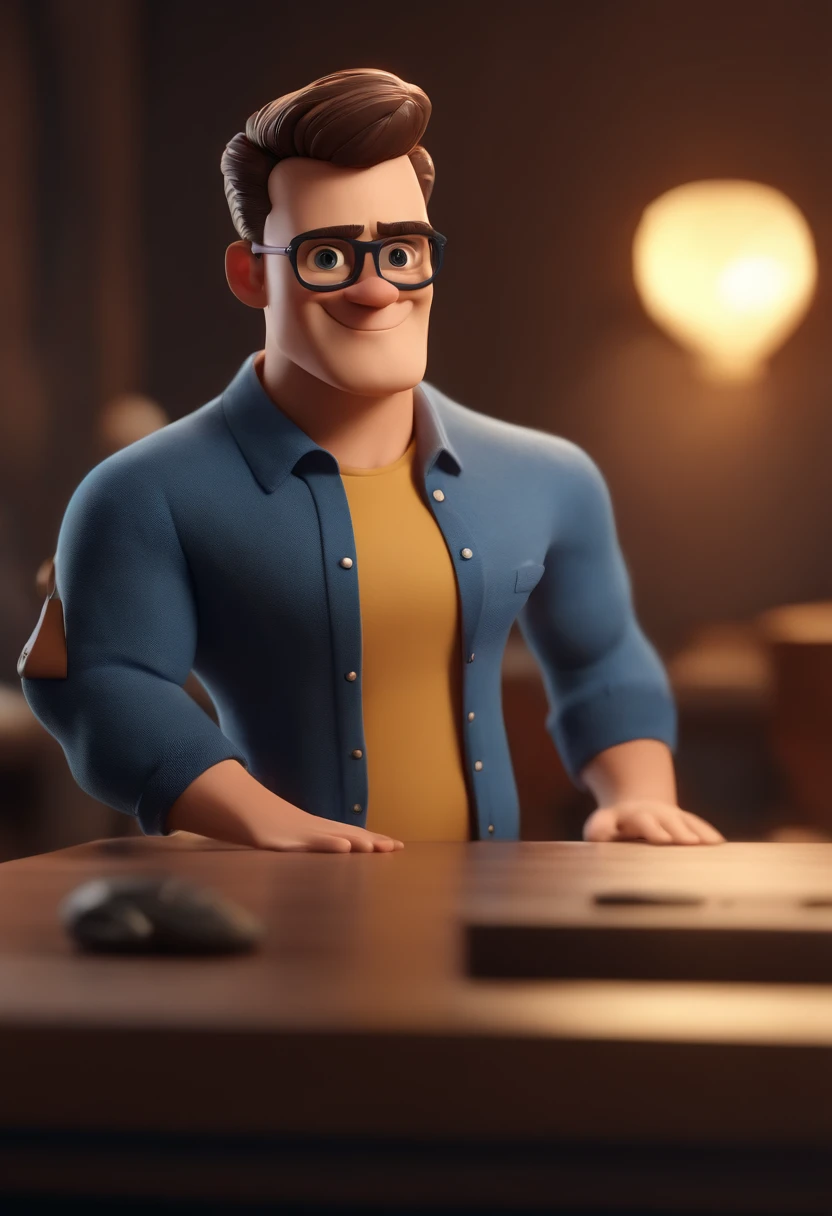 Cartoon character of a man wearing black glasses and a blue shirt, um personagem animado, Caractere estilizado, animation style rendering, 3D estilizado, Arnold Maya render, 3 d render stylized, toon render keyshot, Personagem 3D, Personagem 3D, 3d rendering stylized, 3 d character render, personagem de desenho animado, Personagem de close up, Pose de personagem, (Estilo Pixar) (master part:1.2) (Bokeh) (best quality) (pele detalhada) (textura detalhada) (8k) (argila) (Cinematic lighting) (foco nítido，Senta e vaza a parte superior do corpo