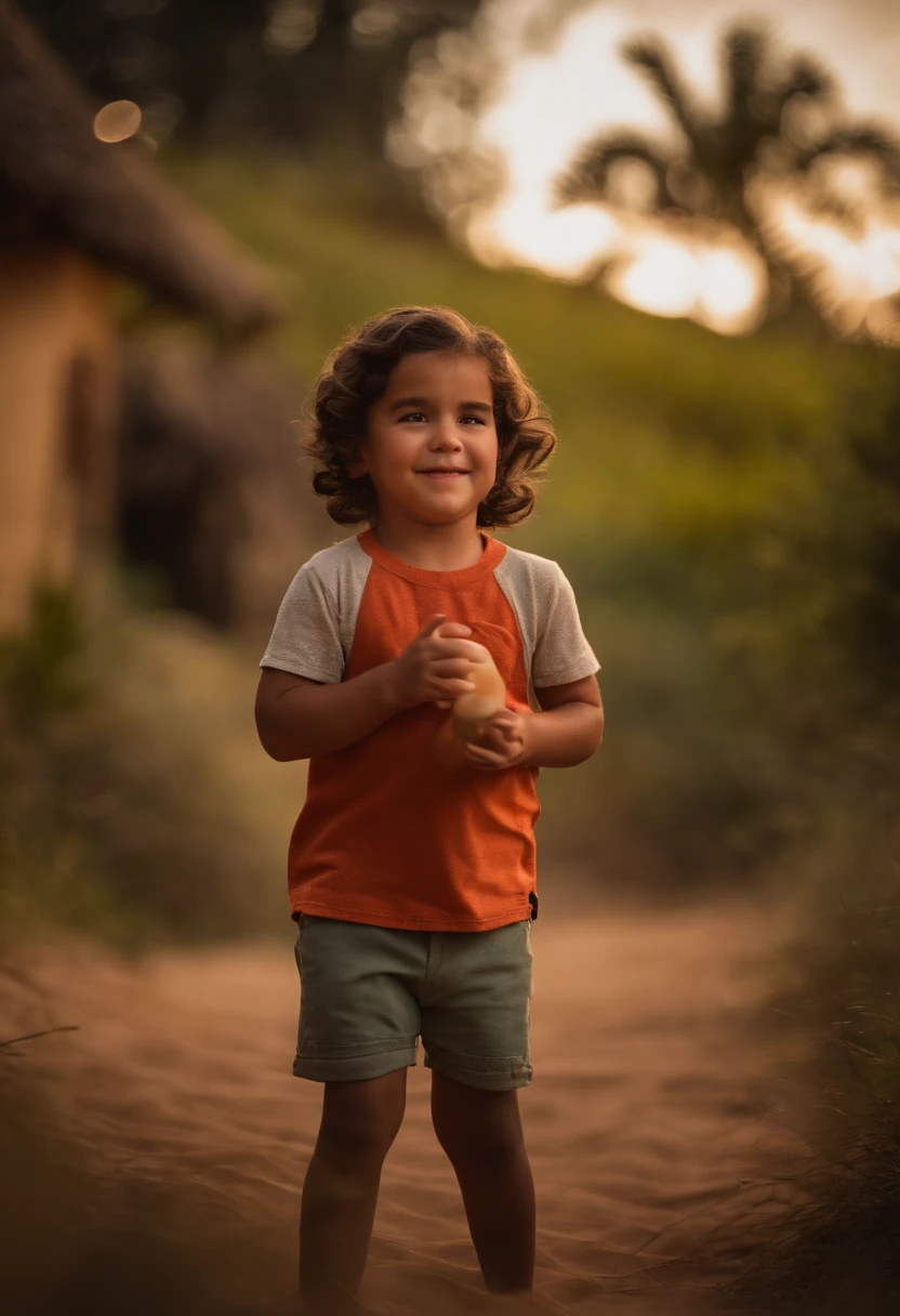 : Miguel, aproximadamente 5 anos de idade, cabelo curto estilo Disney, olhos castanhos e sorrisos. garota: Giovana, 2 anos, longos cabelos pretos e olhos azuis. scenecy: Miguel and Giovana are in a cozy little house in the valley, ao fundo um dia ensolarado, Destacando o Sol.