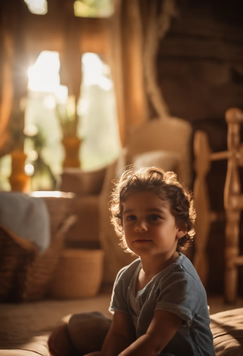 : Miguel, aproximadamente 5 anos de idade, cabelo curto estilo Disney, olhos castanhos e sorrisos. garota: Giovana, 2 anos, longos cabelos pretos e olhos azuis. scenecy: Miguel and Giovana are in a cozy little house in the valley, ao fundo um dia ensolarado, Destacando o Sol.
