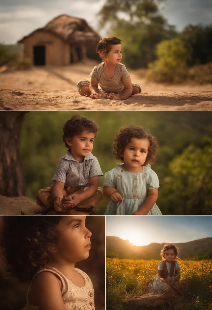 : Miguel, aproximadamente 5 anos de idade, cabelo curto estilo Disney, olhos castanhos e sorrisos. garota: Giovana, 2 anos, longos cabelos pretos e olhos azuis. scenecy: Miguel and Giovana are in a cozy little house in the valley, ao fundo um dia ensolarado, Destacando o Sol.