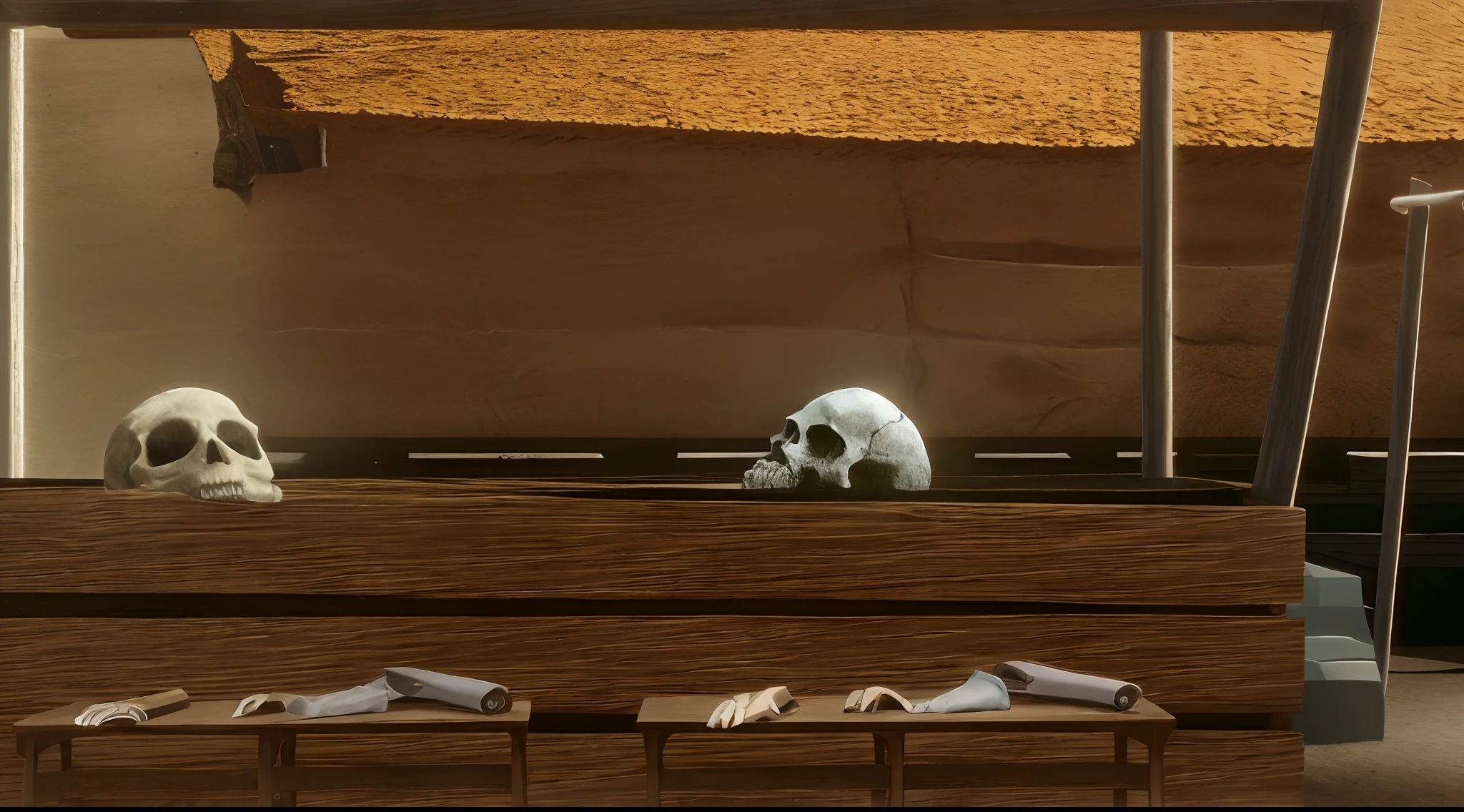 there are two bears that are sitting on a bench, there is a skull over a table, videogame still, anomalisa, standing in a cantina, still from animated horror movie, screenshot from the game, inspired by Goro Fujita, liminal highly detailed, shaded, rendered art, !!posing_as_last_supper, detailed textures and lighting