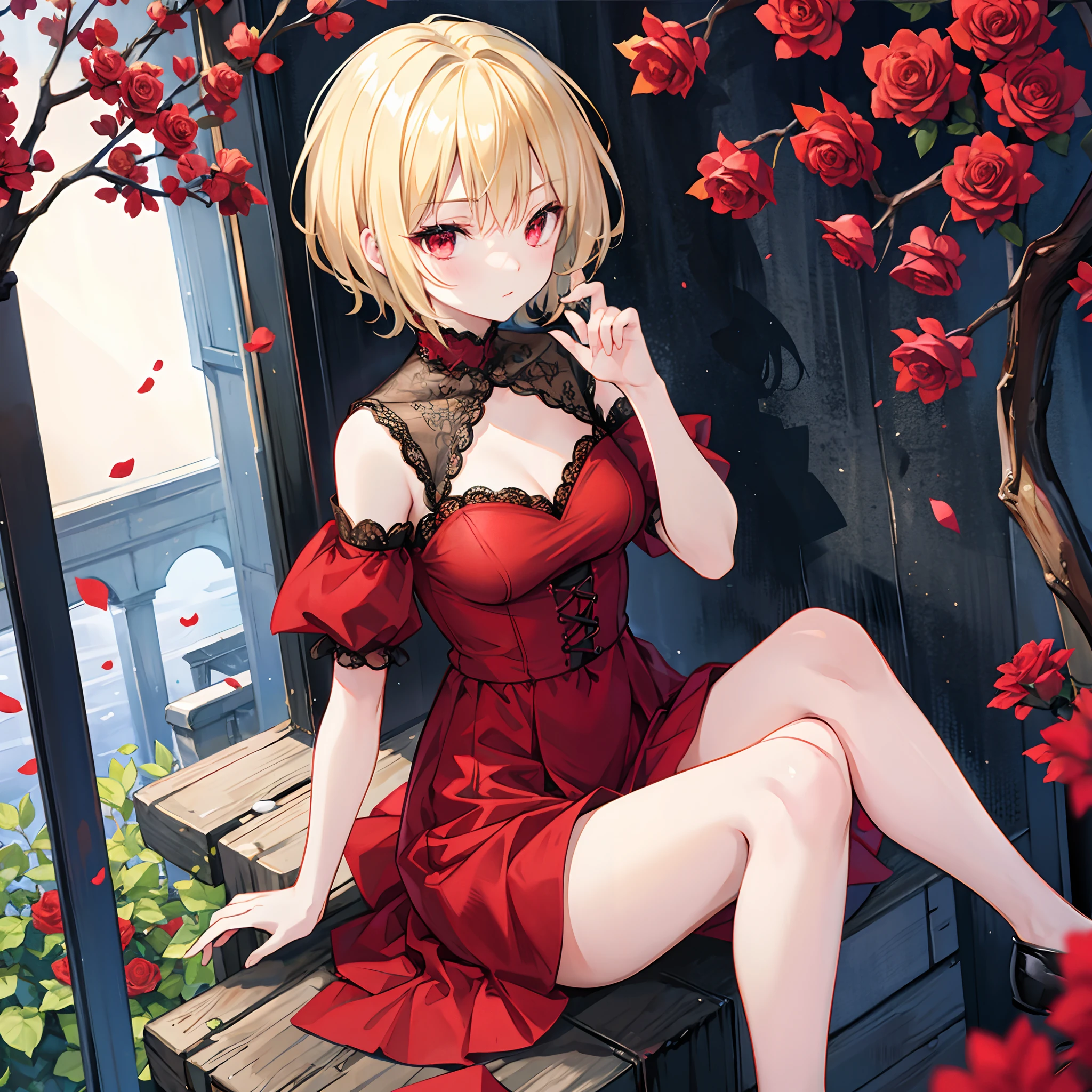 short blonde hair、Red-eyed girl、Sitting surrounded by roses、sexy dress、