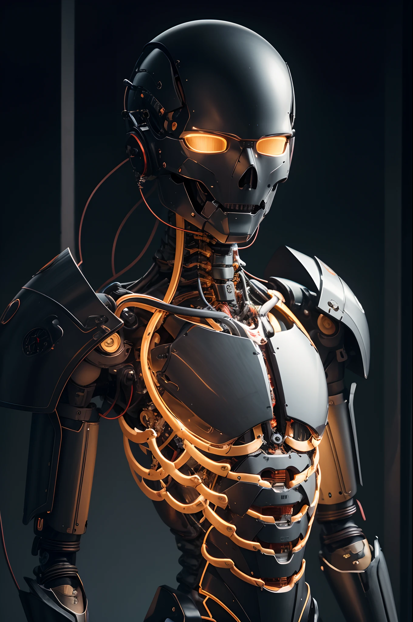 1 Upper body only,Mechanical Boy in the process of being built、((super realistic details))、portlate、globalillumination、Shadow、octan render、8K、ultrasharp、metal、Convolut、Ornament Details、Cold color、Egyptian Detail、highly intricate detail、Realistic light、Trends in CGS Society、radiant eyes、Camera orientation、Neon Detail、machanical limbs、Blood vessels connected to tubes、Mechanical vertebrae attached to the back、Mechanical cervical neck was attached、Sedentary position、Lots of wires and cables connected to the head,Handsome with black hair short hair,Connected to many cables,appearance々No color to issue LEDs,android,Half of the body remains a machine,In the process of being made,