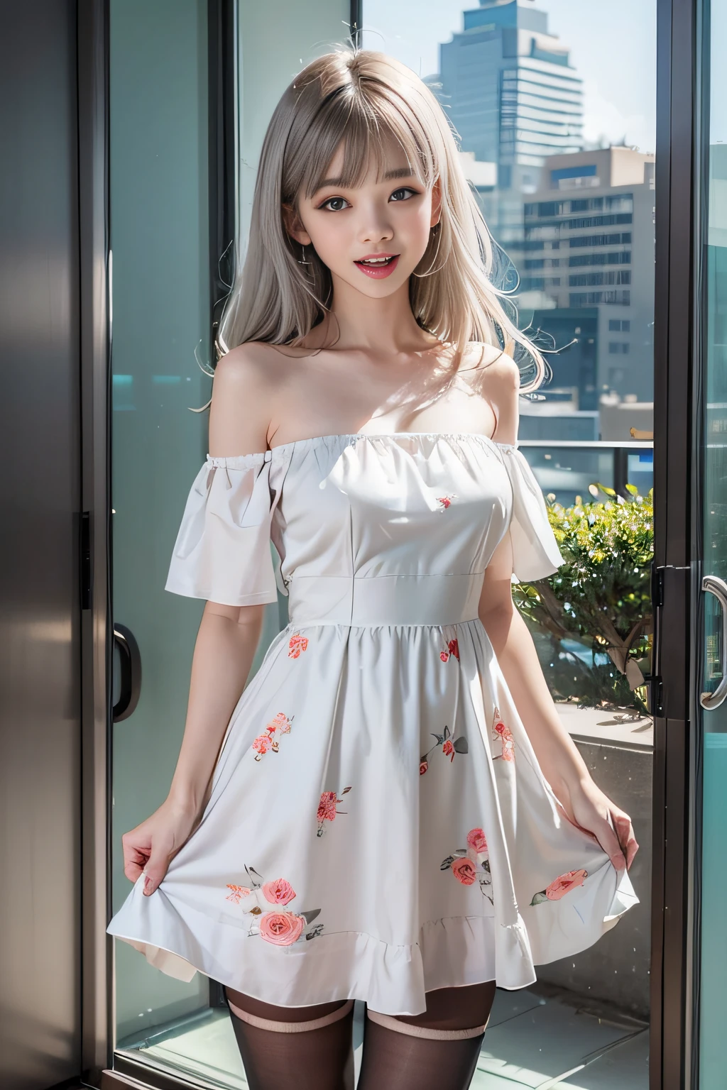 Top quality work、Real works、Ultra Premium Graphics、8K HD CG Works、High Quality Graphics、High-definition CG works、10x pixels、Ultra-fine detail:1.1、Advanced Technical Details:1.1.2. 1.Real Photo、(Little girl walking in the park)Natural light:1.5.Light Effects(Virtual Light Effects:1.8)、Wet Long Silver Hair、Silver Hair、Transparent hair、Highly detailed hair(Premium Hair Detail:1. 1)Clear Eyes、Beautiful double eyelids、Sharp eye makeup、Delicate eyelash makeup、Thin eyebrows、Eye for detail、High nose muscles。nose、Clean red lips、Rosy Cheeks、Delicate makeup face、Cute Face、Perfectly Proportioned Face、(Advanced Facial Detail:1. 1)、Shine、(Off-the-shoulder semi-flower dress Off-the-shoulder semi-transparent white floral dress)、Girl、photo shoot、woman'whole body、Real、wonderful、my job。My eyes are shining today、(Sudden wind)、(The wind flips up my skirt)、(I can see her panties)、