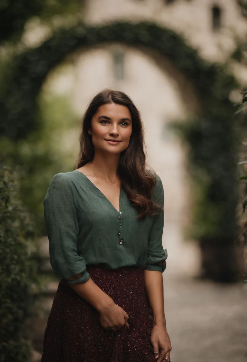 It isolizes the image of a young woman with brown hair that delicately frames her face. Her brown eyes convey serenity and determination, Reflecting confidence in your expression. In a style similar to a passport photograph, su semblante tranquilo irradia amabilidad y calidez. La luz resalta los suaves tonos de su piel, creating a sense of closeness and trust through his direct gaze towards the viewer".