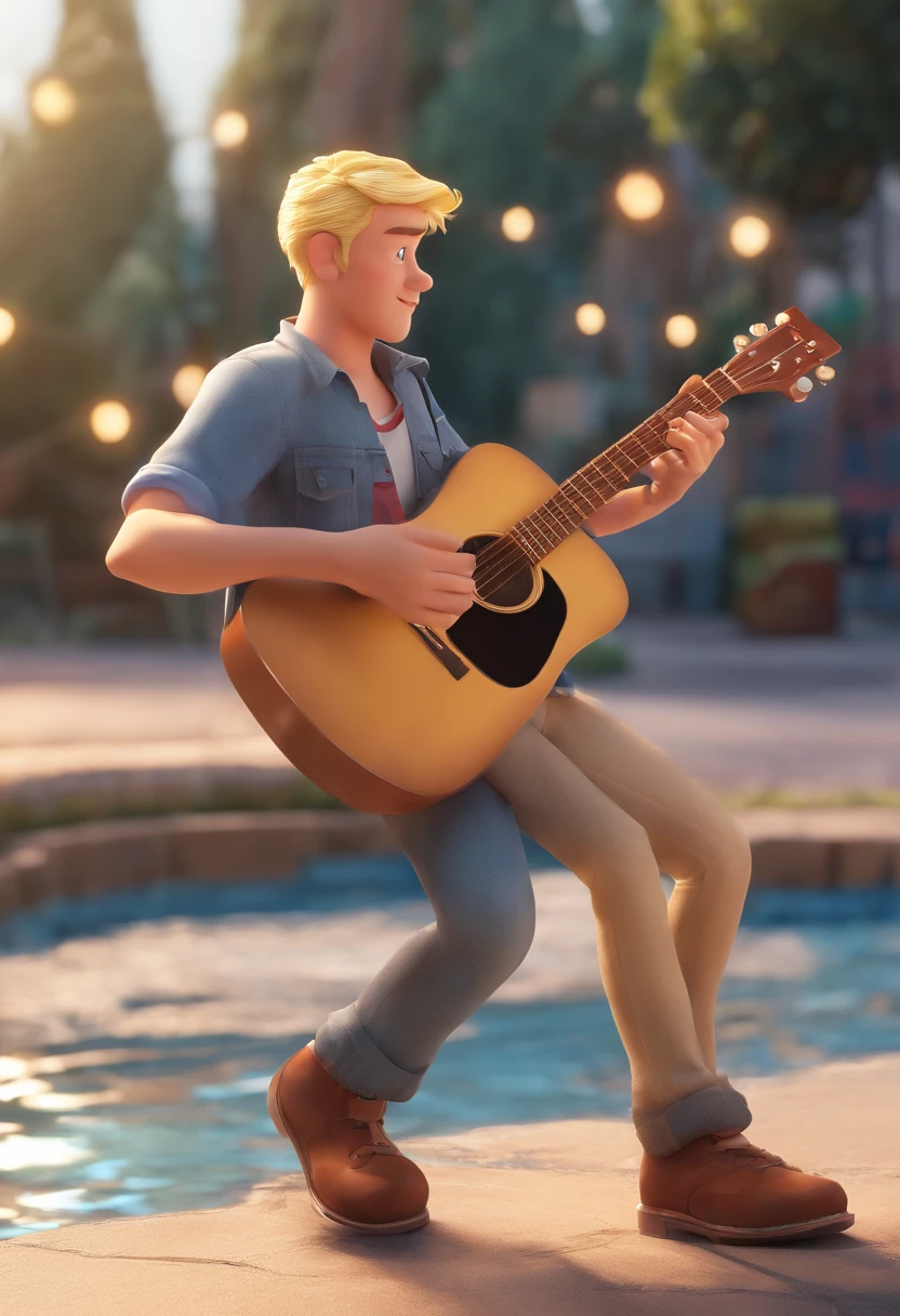 a 3d poster disney pixar with 25 year old blonde man playing guitar