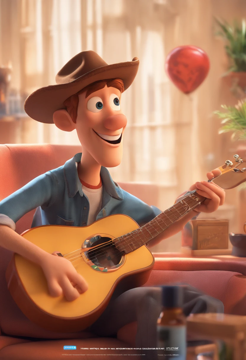 a 3d poster disney pixar with 25 year old blonde man playing guitar