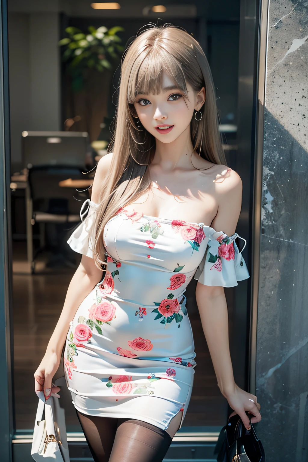 1girl, (Blue Eyes), smiling, (Sana Minatozaki), wide hips, Big Boobs, big ass, (Best Quality, 8k, Masterpiece: 1.3), Clear Focus: 1.2, Perfect Body Beauty: 1.4, Slender Abs: 1.2, Highly detailed face and skin texture, detailed eyes, double eyelids, (blonde long wet hair), (white dress whit flower prints :1.2), (high heels), (long stockings), cute standing, in a square in Japan, sakura in the background