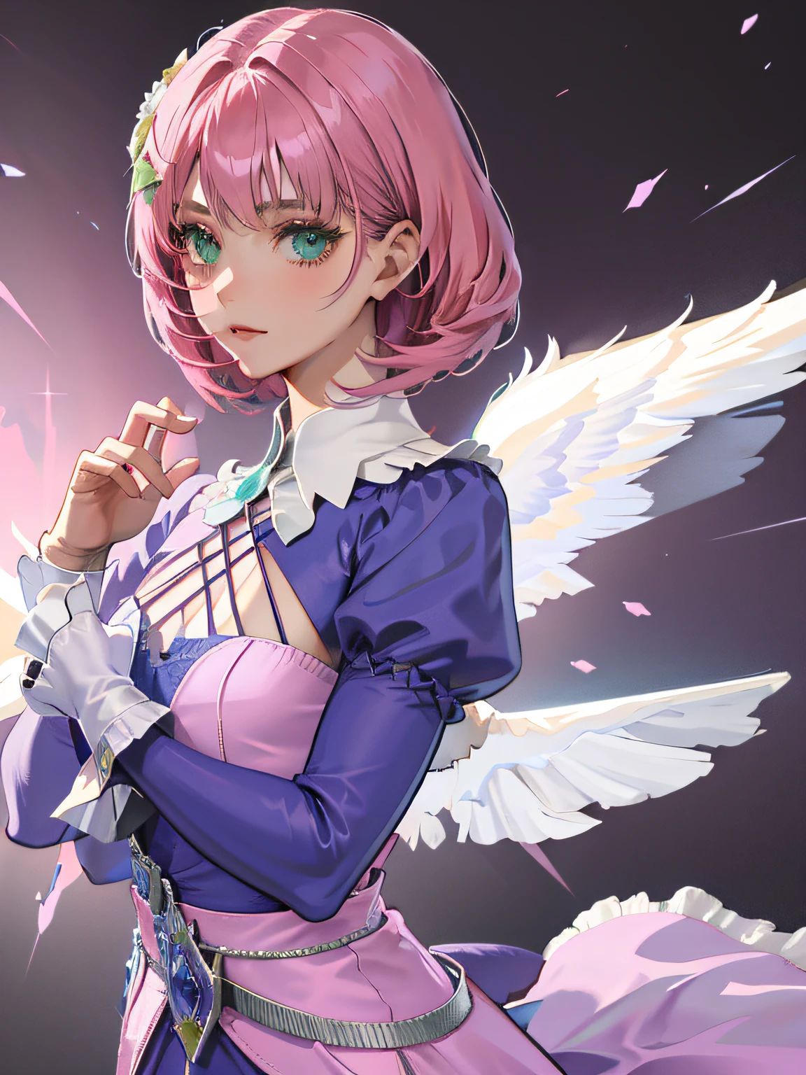 Alisa bosconovitch, melhor qualidade, contemporary, estilo plano, minimalismo, Green Eyes Flat Illustration, cabelo rosa, com flor de cravos no cabelo, cabelo curto, cabelos multicoloridos, Camisa Preta, mechanical wings, em vestido, Head Portrait Close-U, peito pontudo, decote, super decote, middlebreasts, Tekken,cabelo rosa pastel, 1girl, em quimono, hand-painted,Desenho de linha sem cor, colorida do yandere pastel, Tekken, Super cute pink hair girl with gothic makeup on the side, com roupa de empregada,figura esbelta,robusto,He sat on the floor,Vestido com roupas de empregada rosa e branco,cabelos muito curtos,com orelhas de gato,quadratic element,, kawaii cor-de-rosa na roupa da era de 1910, Alisa Bosconovich pink lips, no estilo da paleta de cores suave aurorapunk, an anime illustration of his face, gifs animados, hand drawn animation, charming sketches, suave e brilhante, romantismo nebuloso, Estilo Superflat, fundo branco - ar 1:1 - niji 5 - estilo expressivo --s 50 ,Pink kawaii girl in the era of 1920s clothesPink eagles, vestindo uma camisa branca brilhante, no estilo da paleta de cores suave aurorapunk, an anime illustration of his face, gifs animados, hand drawn animation, charming sketches, suave e brilhante, romantismo nebuloso, Estilo Superflat, fundo branco - ar 1:1 - niji 5 - estilo expressivo --s 50, Absurdo, alto, ultra detalhados, (1girl:1.3), quebrar , Crie uma imagem com uma bela caligrafia, com letras expressivas, floreios elegantes e um senso de habilidade e habilidade, Lesser Dragon,garota,Hands on arms