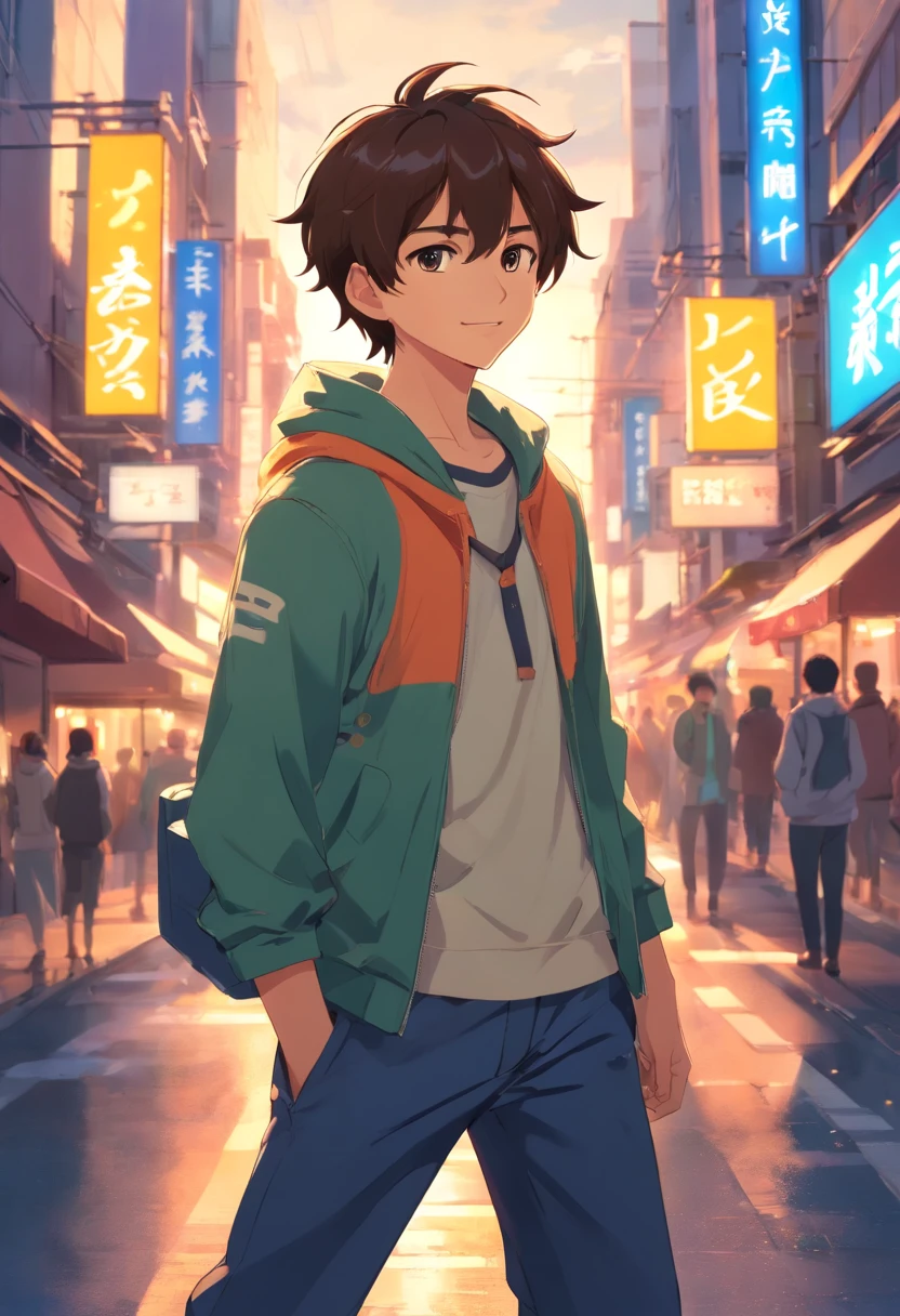 a boy, Switch to anime style, With exaggerated unique faces and clothes., Stand on the streets of bustling cities., A glowing background that highlights the subject., High contrast colors, High-resolution 4K quality,young, Smiles, handsome