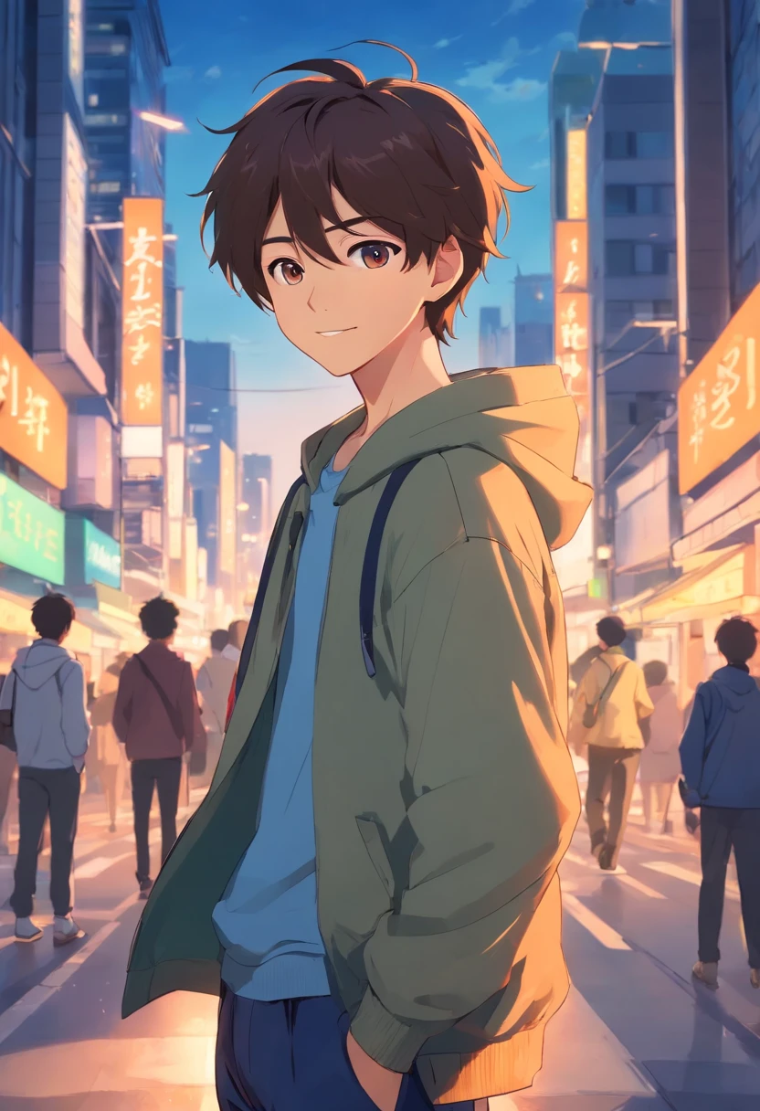 a boy, Switch to anime style, With exaggerated unique faces and clothes., Stand on the streets of bustling cities., A glowing background that highlights the subject., High contrast colors, High-resolution 4K quality,young, Smiles, handsome