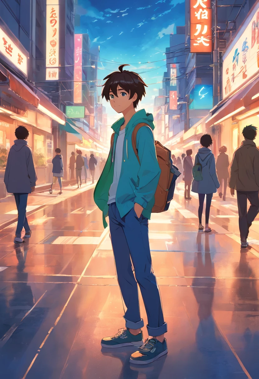 a boy, Switch to anime style, With exaggerated unique faces and clothes., Stand on the streets of bustling cities., A glowing background that highlights the subject., High contrast colors, High-resolution 4K quality,young, Smiles, handsome