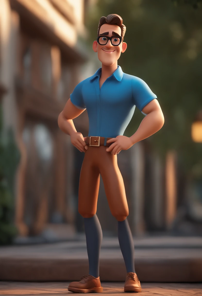 Cartoon character of a man with black glasses and a blue shirt, animation character, Caractere estilizado, animation style rendering, 3D estilizado, Arnold Maya render, 3 d render stylized, toon render keyshot, Personagem 3D, Personagem 3D, 3d rendering stylized, 3 d character render, personagem de desenho animado, Personagem de close up, Pose de personagem,  (Estilo Pixar) (master part:1.2) (Bokeh) (best quality) (pele detalhada) (textura detalhada) (8k) (argila) (Cinematic lighting) (foco nítido