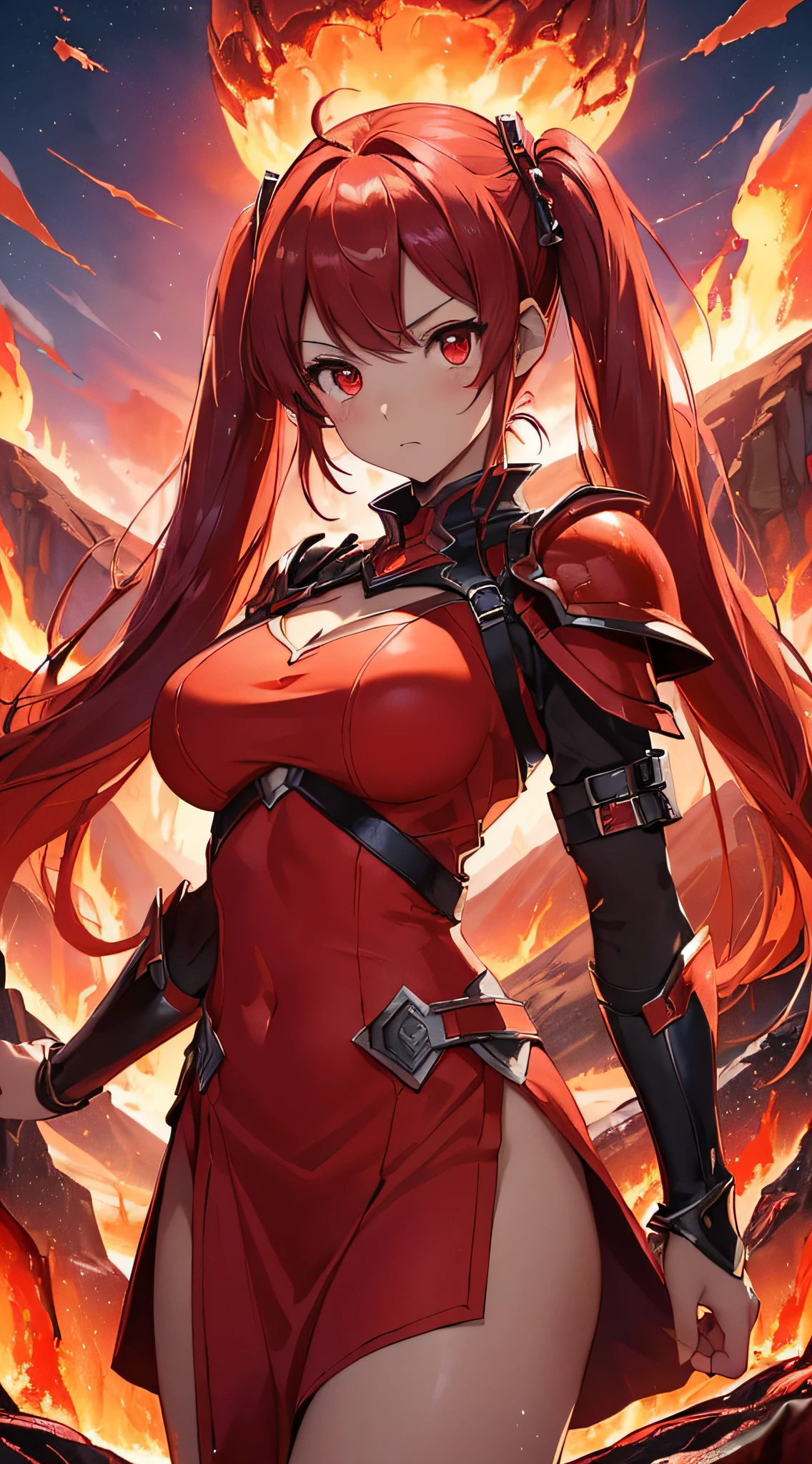 top-quality、Top image quality、masterpiece、girl with((20yr old、Best Bust、big bast、Bust 85,Red Eyes、Breasts wide open,Long twin tails with glowing red hair、A slender、Large valleys、Red dress、Red Magma Armor,Reflecting the whole body、Glowing Red Greatsword、High Heat Chain Accessories))、hiquality、Beautiful Art、Background with((Red sky、lava、the magma、Erupted volcanoes、Meteorites falling from the sky、Meteor))、masutepiece、visualart、depth of fields、