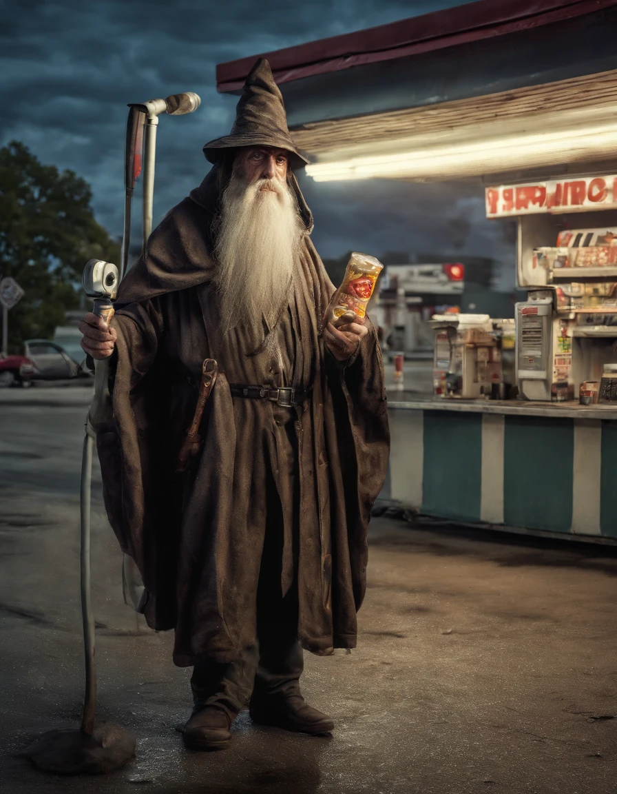 Security camera footage of old ancient geezer dastardly evil wizard, in gas station, casting evil lightning spell, eating Costco hotdog, real Live Photo, cctv footage camera quality, realistic photo, evil wizard, long beard, tall pointy hat, evil electricity spells