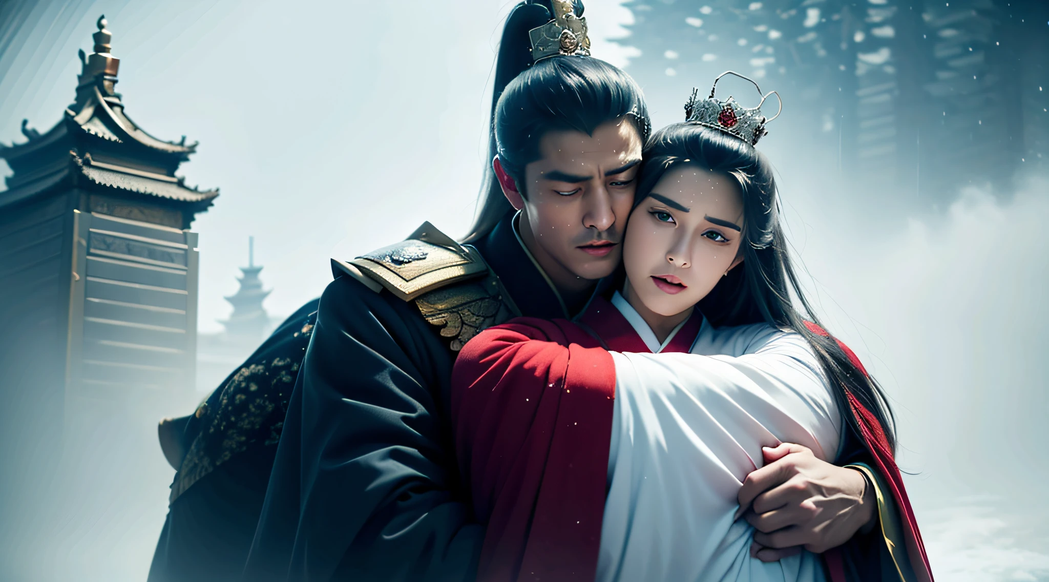 The emperor hugged the unhappy princess，Outside the Forbidden City，The sky was covered with heavy snow，k hd