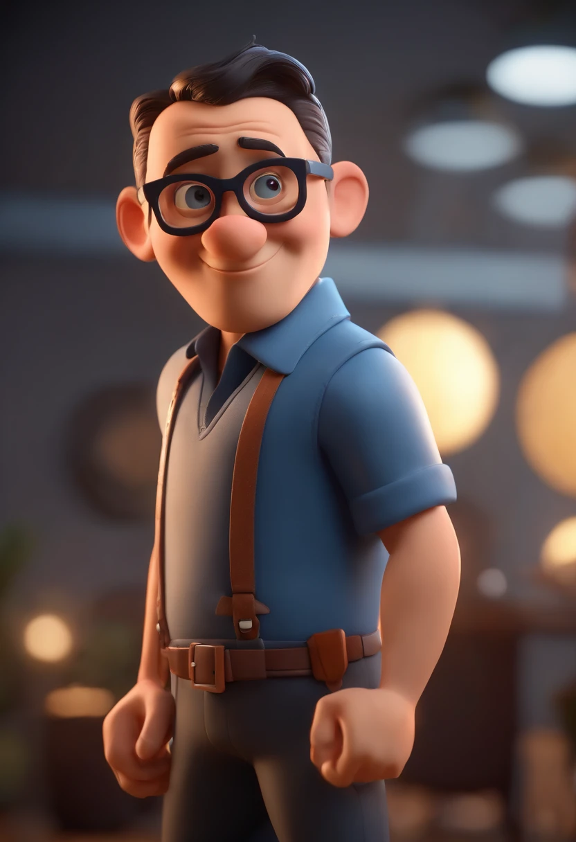 Cartoon character of a man wearing black glasses and a blue shirt, um personagem animado, Caractere estilizado, animation style rendering, 3D estilizado, Arnold Maya render, 3 d render stylized, toon render keyshot, Personagem 3D, Personagem 3D, 3d rendering stylized, 3 d character render, personagem de desenho animado, Personagem de close up, Pose de personagem, (Estilo Pixar) (master part:1.2) (Bokeh) (best quality) (pele detalhada) (textura detalhada) (8k) (argila) (Cinematic lighting) (foco nítido,Senta e vaza a parte superior do corpo