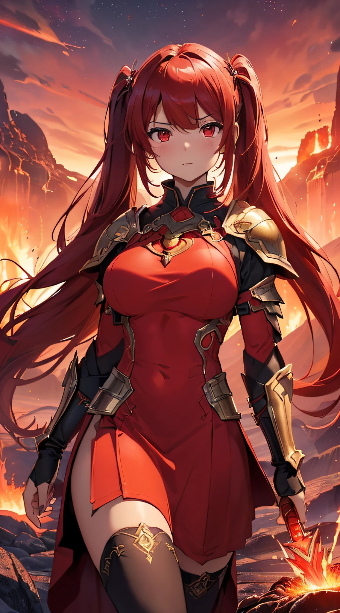 top-quality、Top image quality、​masterpiece、girl with((20yr old、Best Bust、big bast、Bust 85,Red Eyes、Breasts wide open,Long twin tails with glowing red hair、A slender、Large valleys、Red dress、Red Magma Armor,Reflecting the whole body、Glowing Red Greatsword、High Heat Chain Accessories)）、hiquality、Beautiful Art、Background with((Red sky、lava、the magma、Erupted volcanoes、Meteorites falling from the sky、Meteor))、masutepiece、visualart、depth of fields、