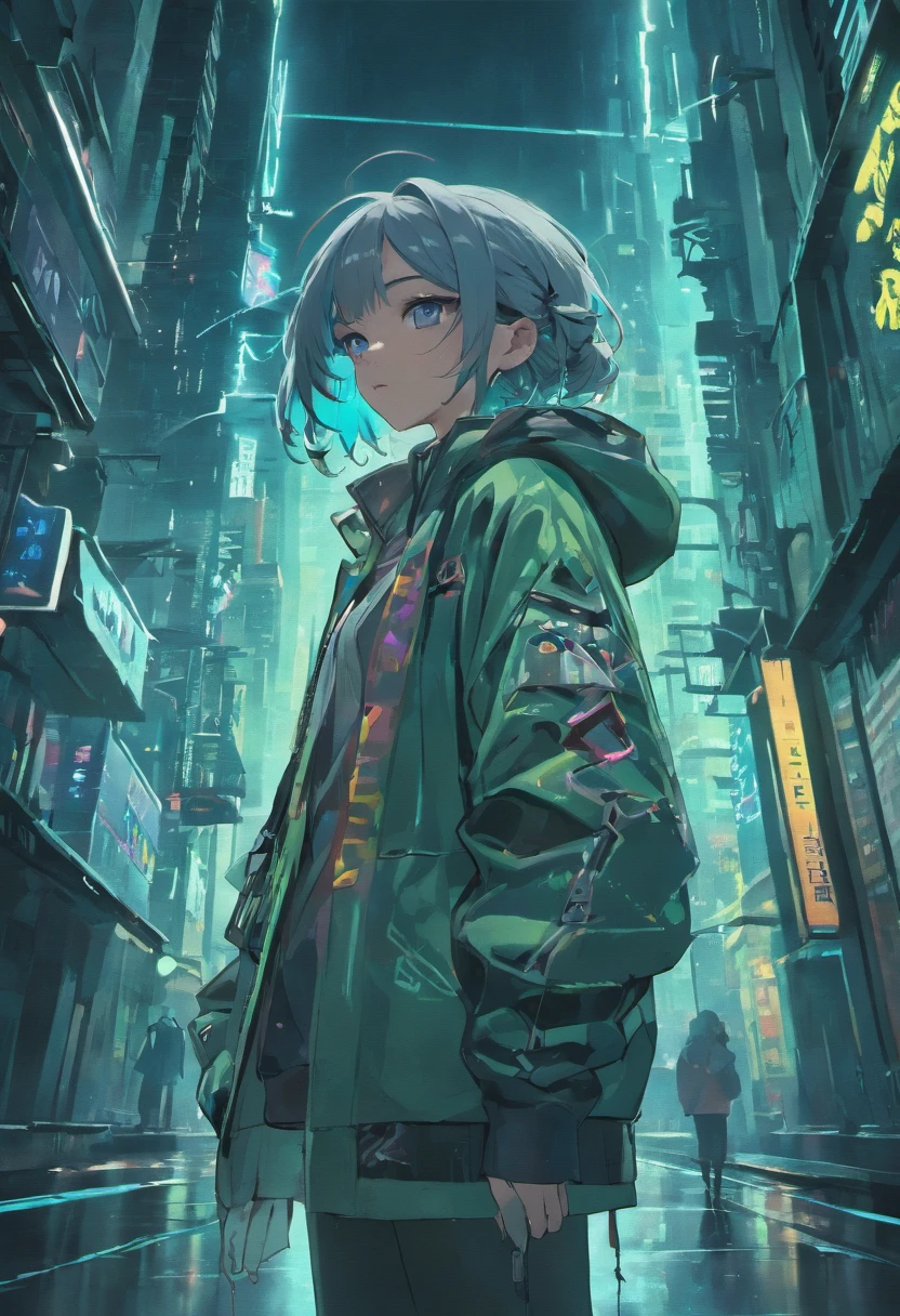 (best quality,4k,8k,highres,masterpiece:1.2),ultra-detailed,(realistic,photorealistic,photo-realistic:1.37),cyberpunk,portrait,girl in a cyber city,neon lights,dystopian future,night scenery,glowing signs,reflective surfaces,dynamic composition,powerful contrast,gritty atmosphere,hooded jacket,punk fashion,digital enhancements,vibrant colors,futuristic skyscrapers,hovering vehicles,advanced technology,high-tech gadgets,futuristic metropolitan,industrial structures,urban decay,smoke and fog,rainy streets,lens flares,moving crowds,tranquil expression,sharp features,intense gaze,holographic displays,intricate tattoos,ear piercing,graffiti-covered walls,street art,hidden alleys,secret shortcuts,abandoned warehouses,mysterious shadows,fast-paced motion,long exposure shots,city as a reflection of the protagonist's character.