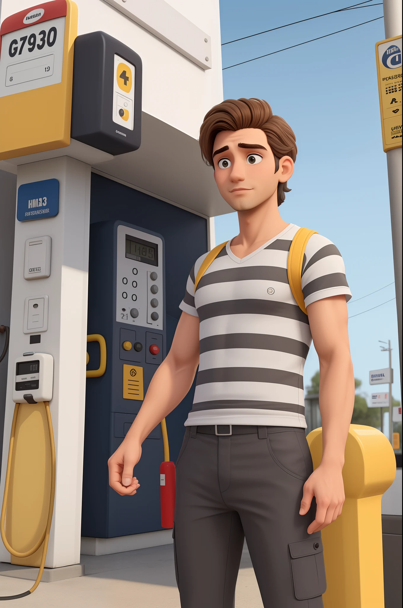 Um homem de 31 anos, branco, cabelo e olhos castanhos. Next to a gas station with yellow and gray stripes