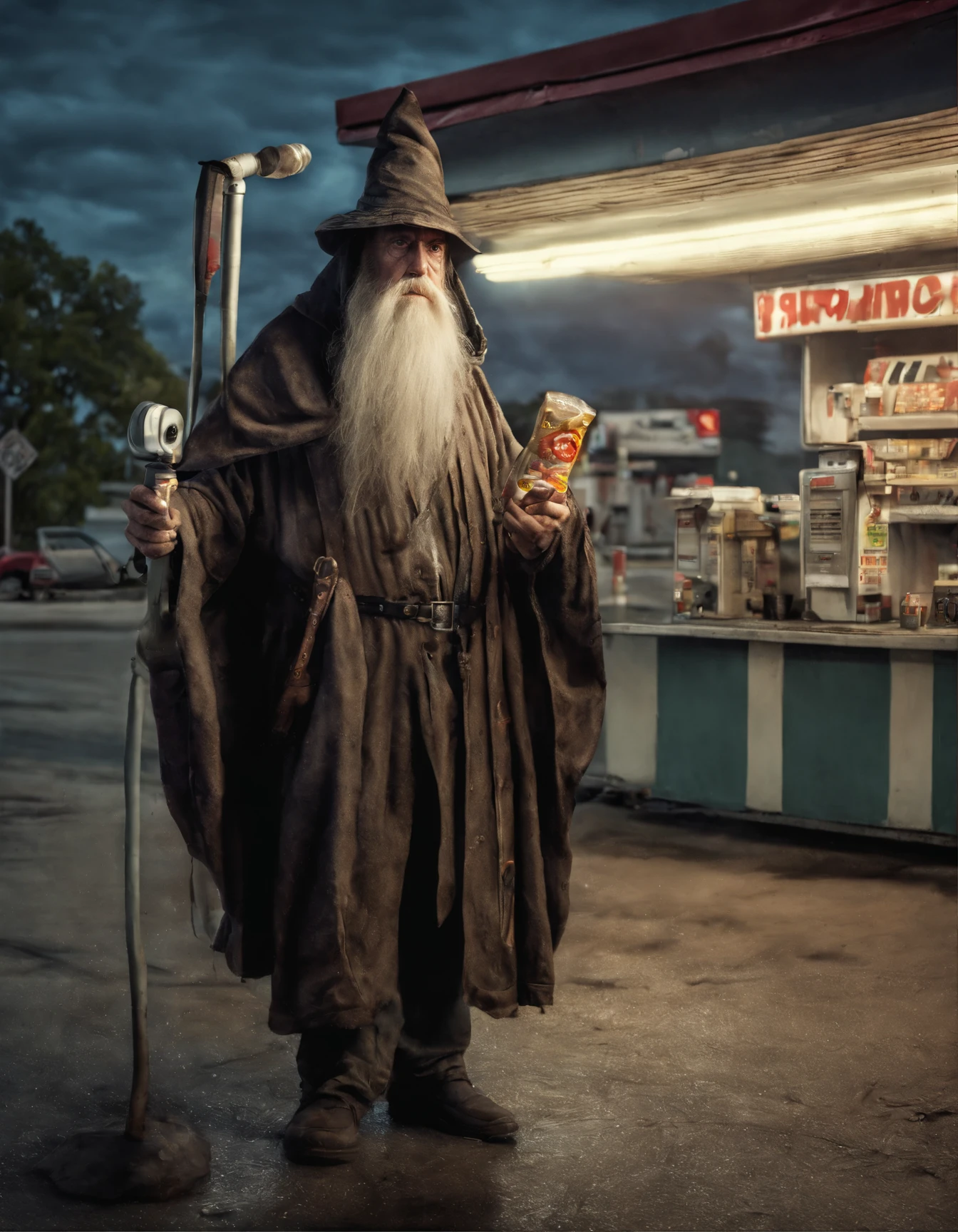 Security camera footage of old ancient geezer dastardly evil wizard, in gas station, casting evil lightning spell, eating Costco hotdog, real Live Photo, cctv footage camera quality, realistic photo, evil wizard, long beard, tall pointy hat, evil electricity spells