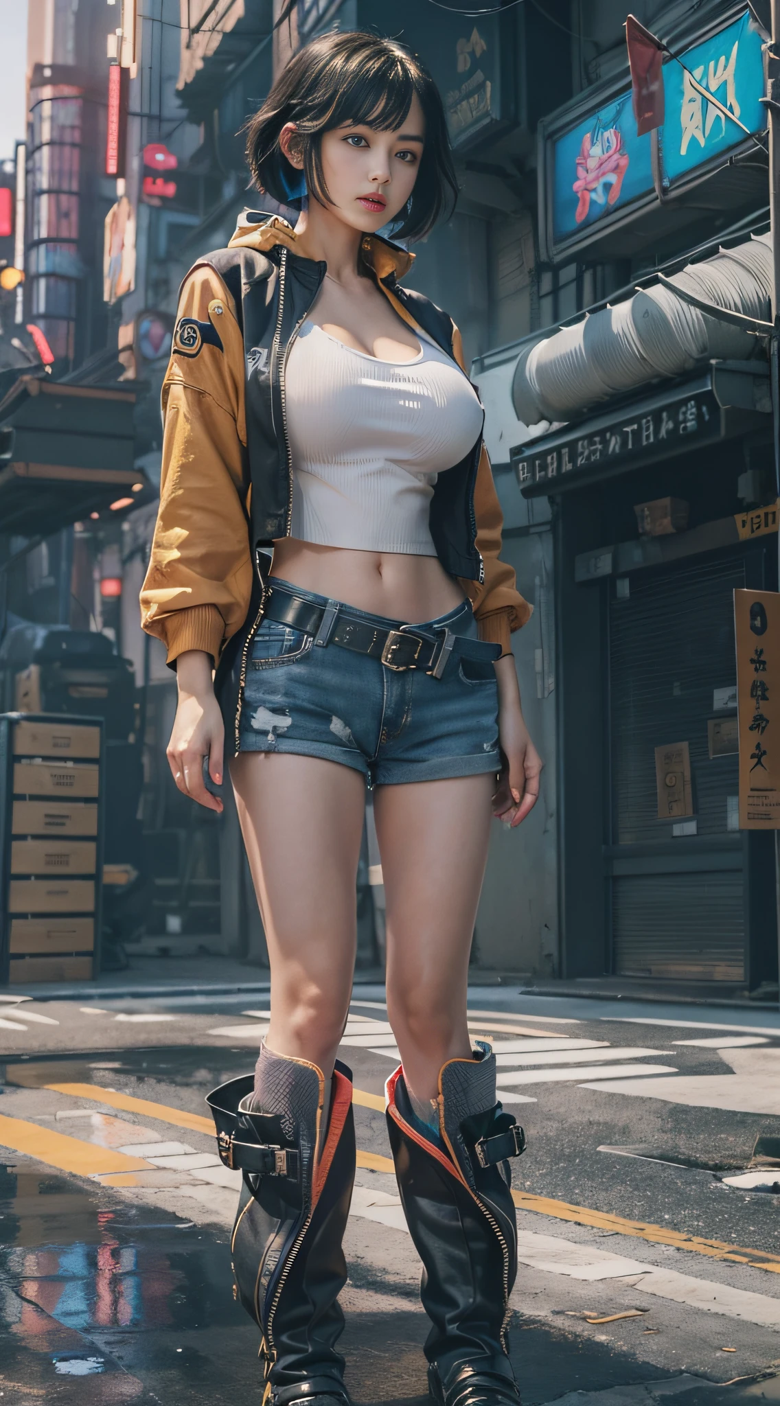 (masterpiece,best quality,official art,extremely detailed CG unity 8k wallpaper), day, (((in the cyberpunk city))), (((realistic))), ((real)), science_fiction, huge_filesize, ((((girl)))), (short hair), ((black hair)), bob cut, (((((looking at viewer))))), multicolored eyes, (((huge breasts))), dungarees, ((((crop top)))), (((short shorts))), (bare_legs), (((no legwear))), (((bare legs))), (boots), ((hands_on_hips)),