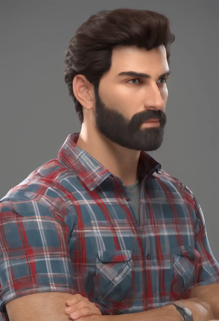 Homem, short to medium hair, barba por fazer, pele morena, olhos castanhos, olheiras, wearing black and red plaid shirt with a basic gray shirt underneath, super detalhe