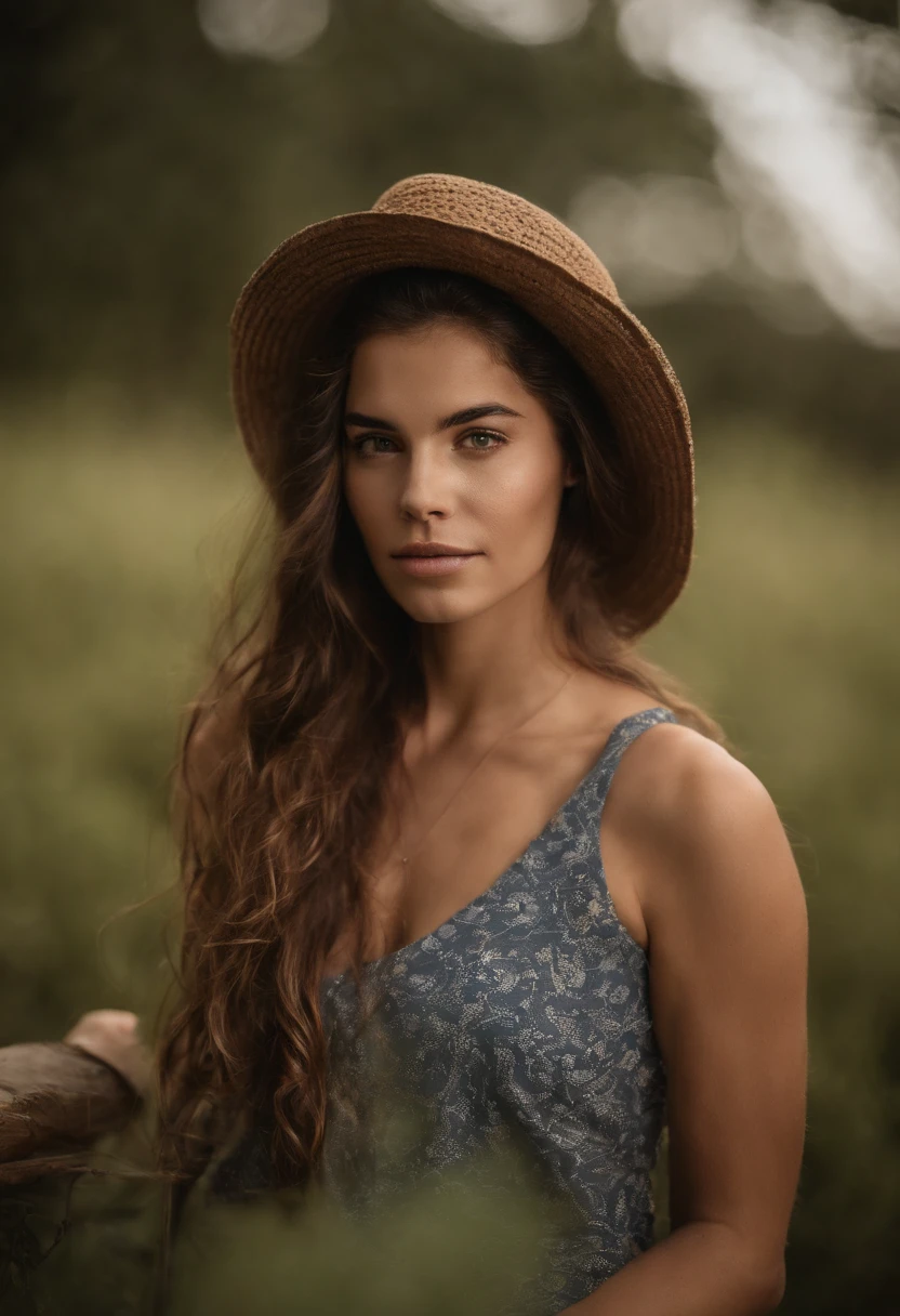 Isola a imagem de uma jovem de cabelos castanhos que emoldura delicadamente o rosto. Her brown eyes convey serenity and determination, Reflecting confidence in your expression. Em um estilo semelhante a uma fotografia de passaporte, Seu semblante calmo irradia bondade e calor. Light enhances the soft tones of your skin, creating a sense of closeness and trust through your direct gaze at the viewer".