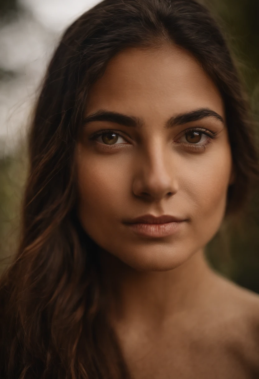 Isola a imagem de uma jovem de cabelos castanhos que emoldura delicadamente o rosto. Her brown eyes convey serenity and determination, Reflecting confidence in your expression. Em um estilo semelhante a uma fotografia de passaporte, Seu semblante calmo irradia bondade e calor. Light enhances the soft tones of your skin, creating a sense of closeness and trust through your direct gaze at the viewer".