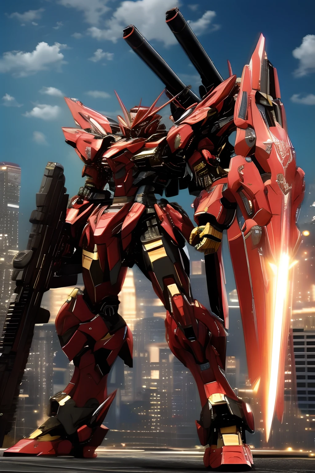 best quality, masterpiece, highly detailed, ultra-detailed,(blue sky:1.1), cloud, holding_weapon, a (((red, black and gold mecha))) with sleek and menacing design, (mecha armor:1.5),glowing ,heroic parts, mechanical parts, (long legs:1.5),robot joints,(huge shield:1.2),(battle-ready:1.2),(powerful stance:1.3),(Detailed eye description:1.2),(huge mechanical weapon:1.3),(detailed weapon description:1.2),(huge mechanical gun:1.2),(holding gun and weapon :1.3) BREAK building, glowing_eyes, science_fiction, city, realistic, ROBOTANIMESTYLE, MECHA-BACK-UNIT, MECHA-WINGS, NJRS