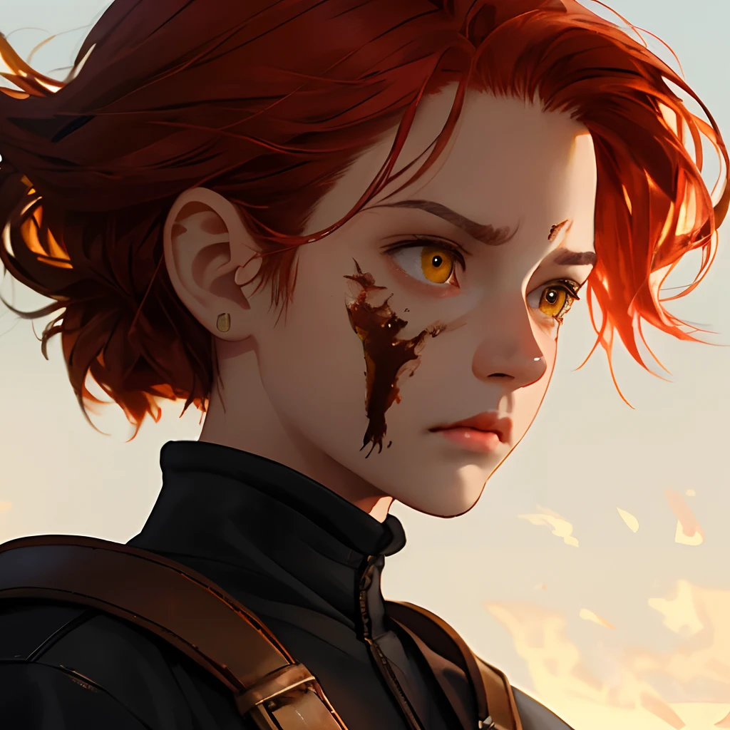 A 14-year-old girl with copper-red hair and amber yellow eyes, Her skin is white as milk and she has a very short stature. his gaze is furious, refletindo uma raiva infantil antinatural vinda de sua sociopatia, and the left side of his face is covered with a horrible burn....... She wears thick winter clothes made of wool and baked leather and wields a golden-brown sword with a spearhead, in addition to having a lethal look