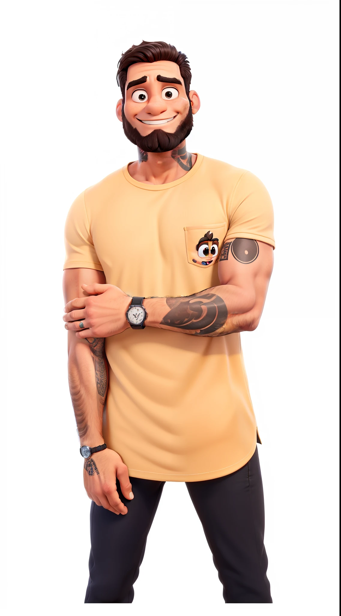 Um homem cabelo preto, com barba, watch, tatuagem estilo disney pixar, alta qualidade, melhor qualidade