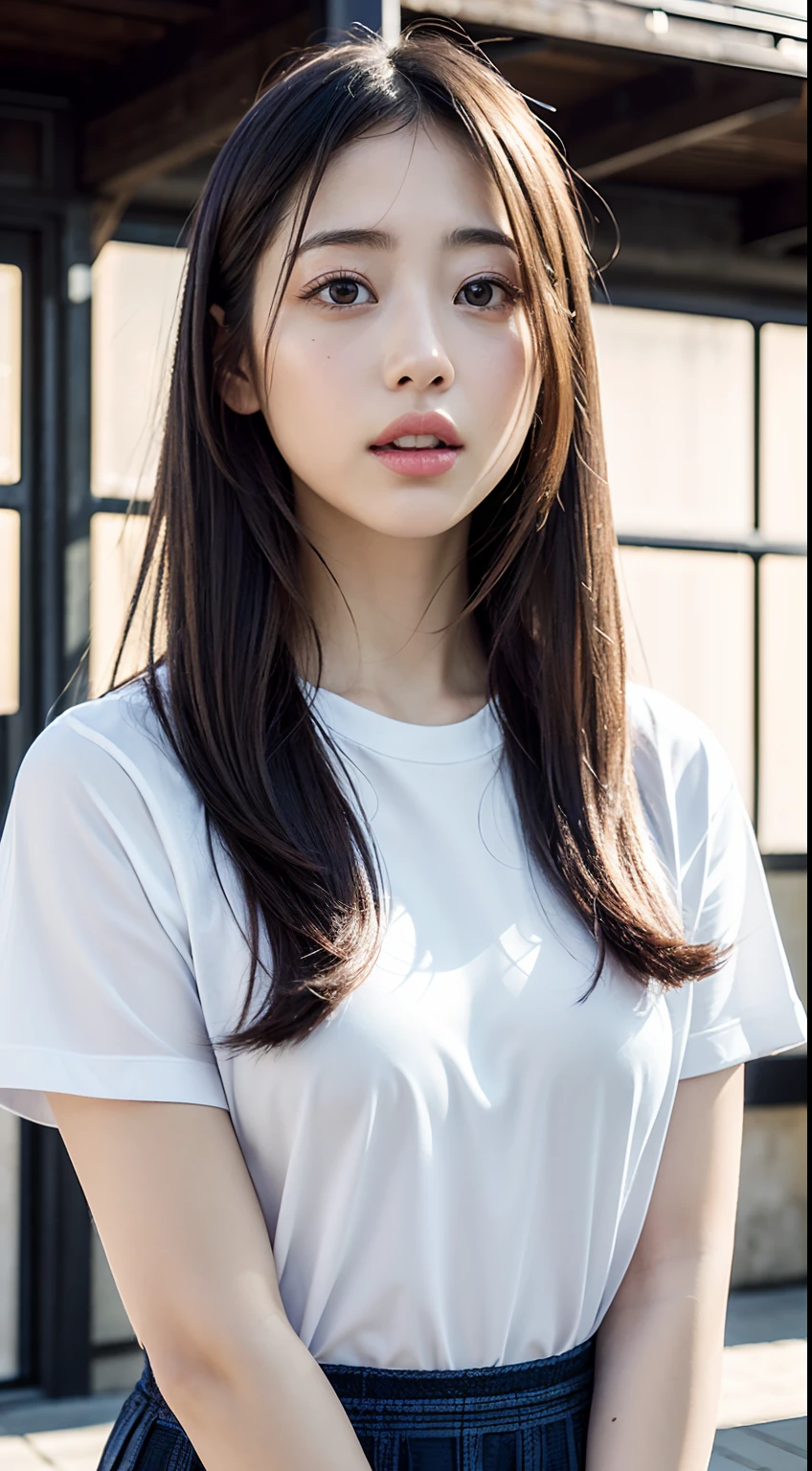 doress、(Photorealsitic:1.4)、(hyper realisitic:1.4)、(realisitic:1.3)、(Smooth lighting:1.05)、(Improved lighting quality in movies:0.9)、32K、1girl in、20 years girl、Realistic lighting、Back lighting、Facial light、raytrace、(brightened light:1.2)、(enhanced quality:1.4)、(Top quality real texture skins:1.4)、finely eye、finerly detailed face、Fine quality eye、(Tired, sleepy and satisfied:0.0)、 close up of face、tshirts、(enhance body line mood:1.1)、(Increase the beauty of skin texture:1.1)、((Satomi Ishihara))、Long hair with a uniform shape on the left and right、Concrete background