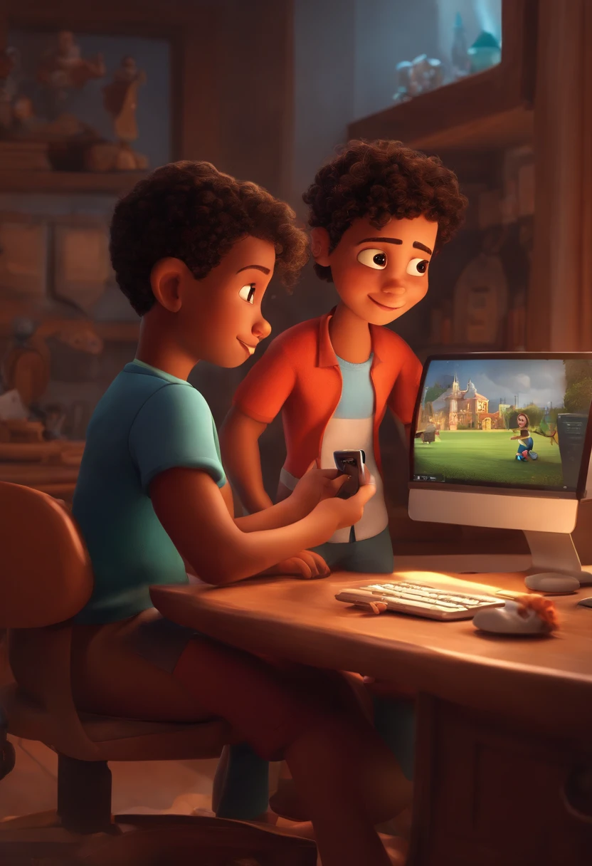 Image for a story in a YouTube video in Pixar format, 2 37-year-old siblings, barba curta, one holding his cell phone, the other sitting at the computer working on sports graphic design