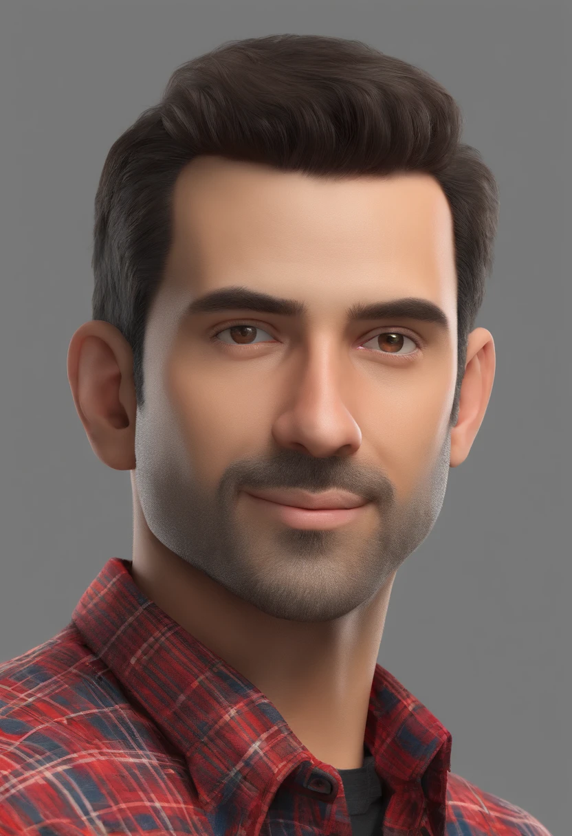 Homem, short to medium hair, barba por fazer, pele morena, olhos castanhos, olheiras, wearing black and red plaid shirt with a basic gray shirt underneath, super detalhe