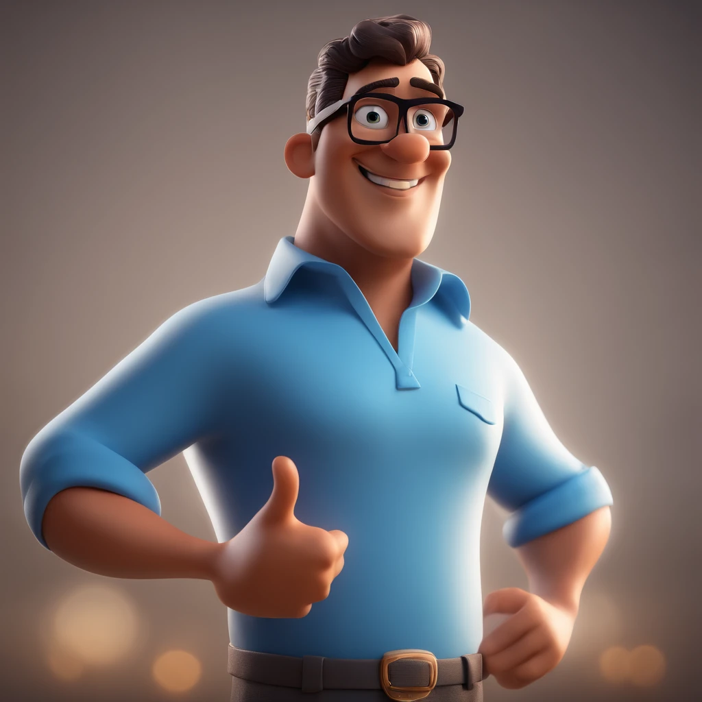 Cartoon character of a man with black glasses and a blue shirt, animation character, Caractere estilizado, animation style rendering, 3D estilizado, Arnold Maya render, 3 d render stylized, toon render keyshot, Personagem 3D, Personagem 3D, 3d rendering stylized, 3 d character render, personagem de desenho animado, Personagem de close up, Pose de personagem,  (Estilo Pixar) (master part:1.2) (Bokeh) (best quality) (pele detalhada) (textura detalhada) (8k) (argila) (Cinematic lighting) (foco nítido