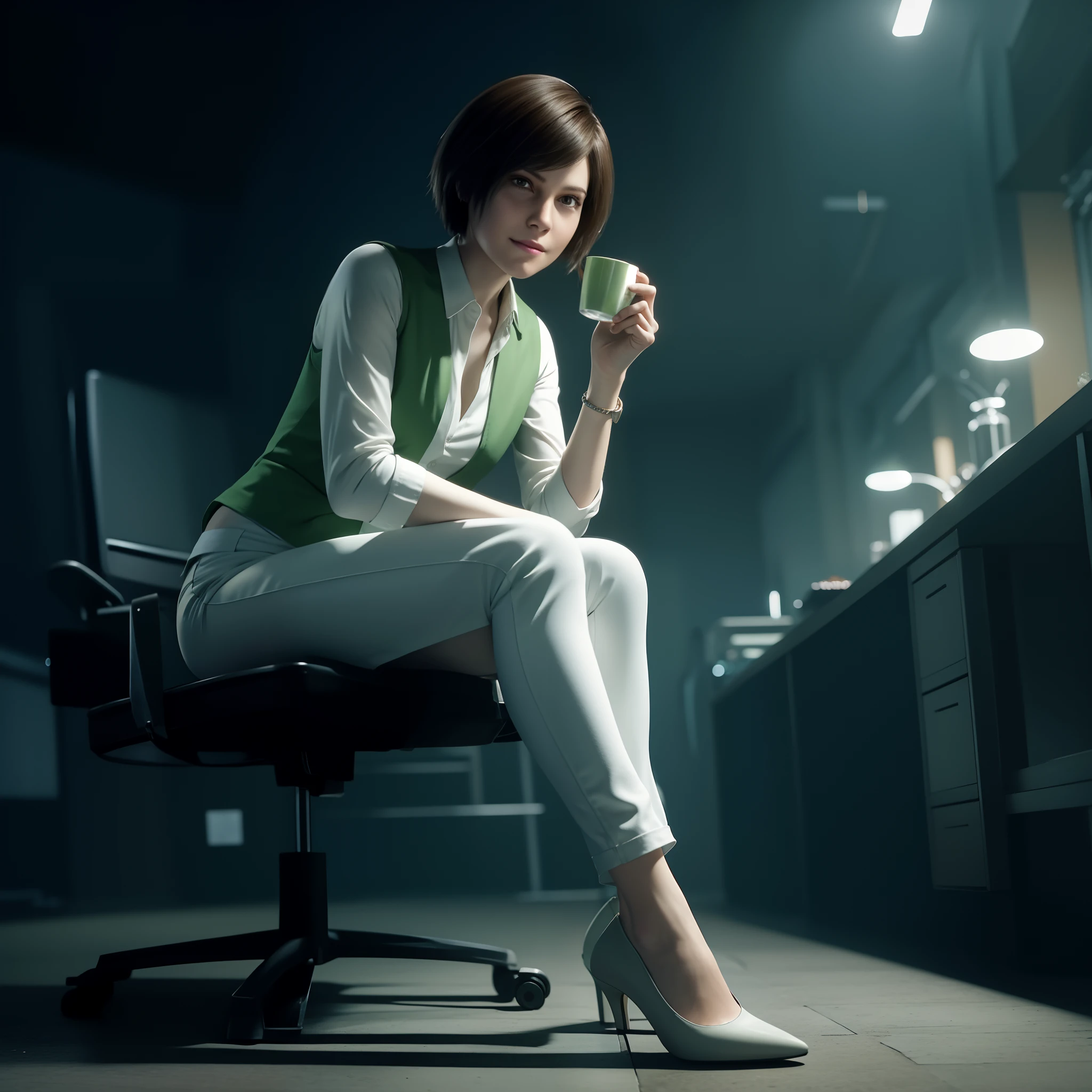 beautiful face, shy, looking at viewer, short bob brown hair, perfect face, Rebecca chamber from resident evil, white jeans, green vest Long-sleeved, friendly face, little smile