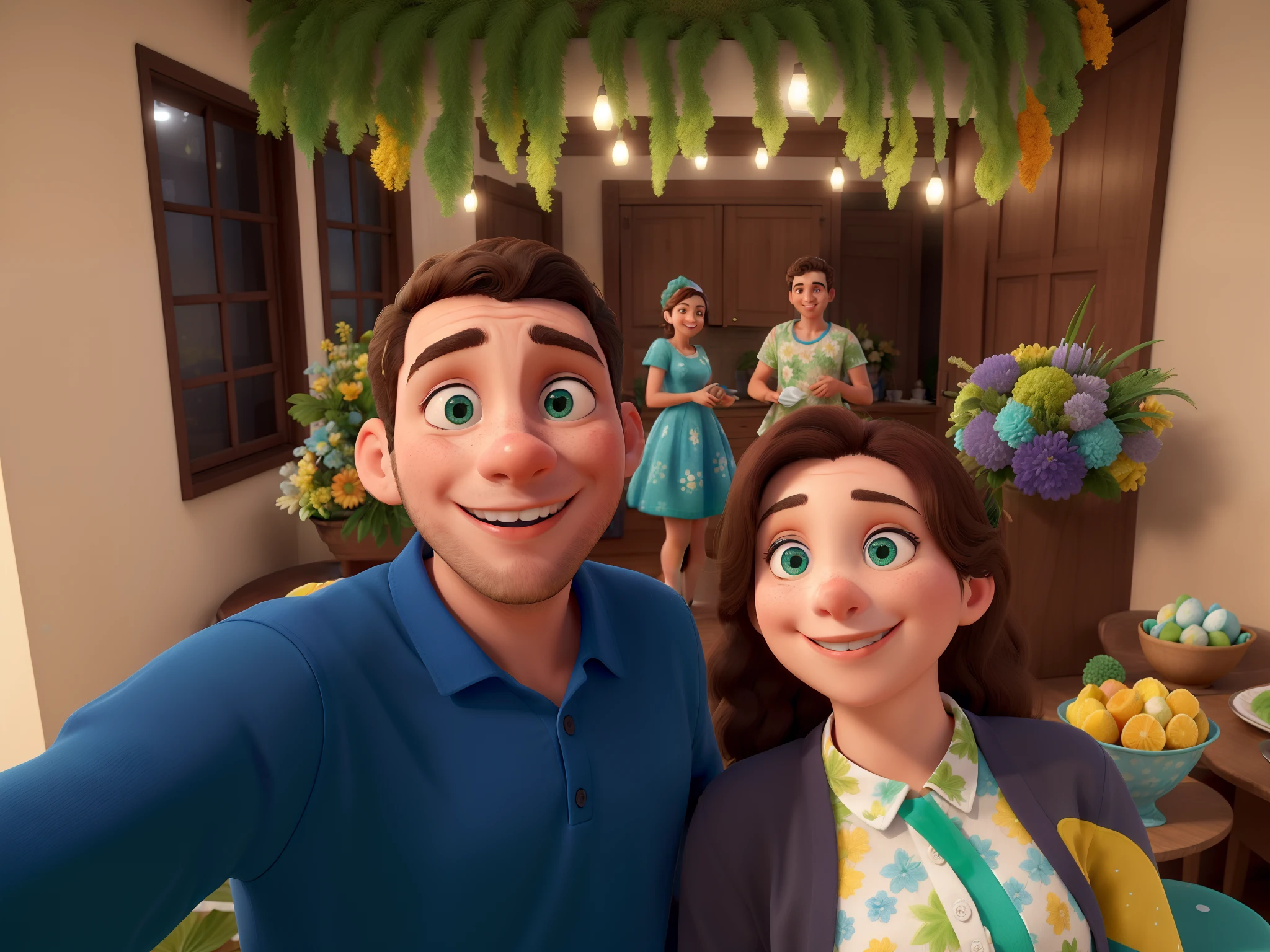 Obra-prima, de melhor qualidade, dois jovens elegantes, de olhos castanhos, o jovem vestindo uma blusa social azul escuro e a jovem vestindo um vestido floral bege, verde escuro e azul escuro, Standing in front of the cake table in the ballroom