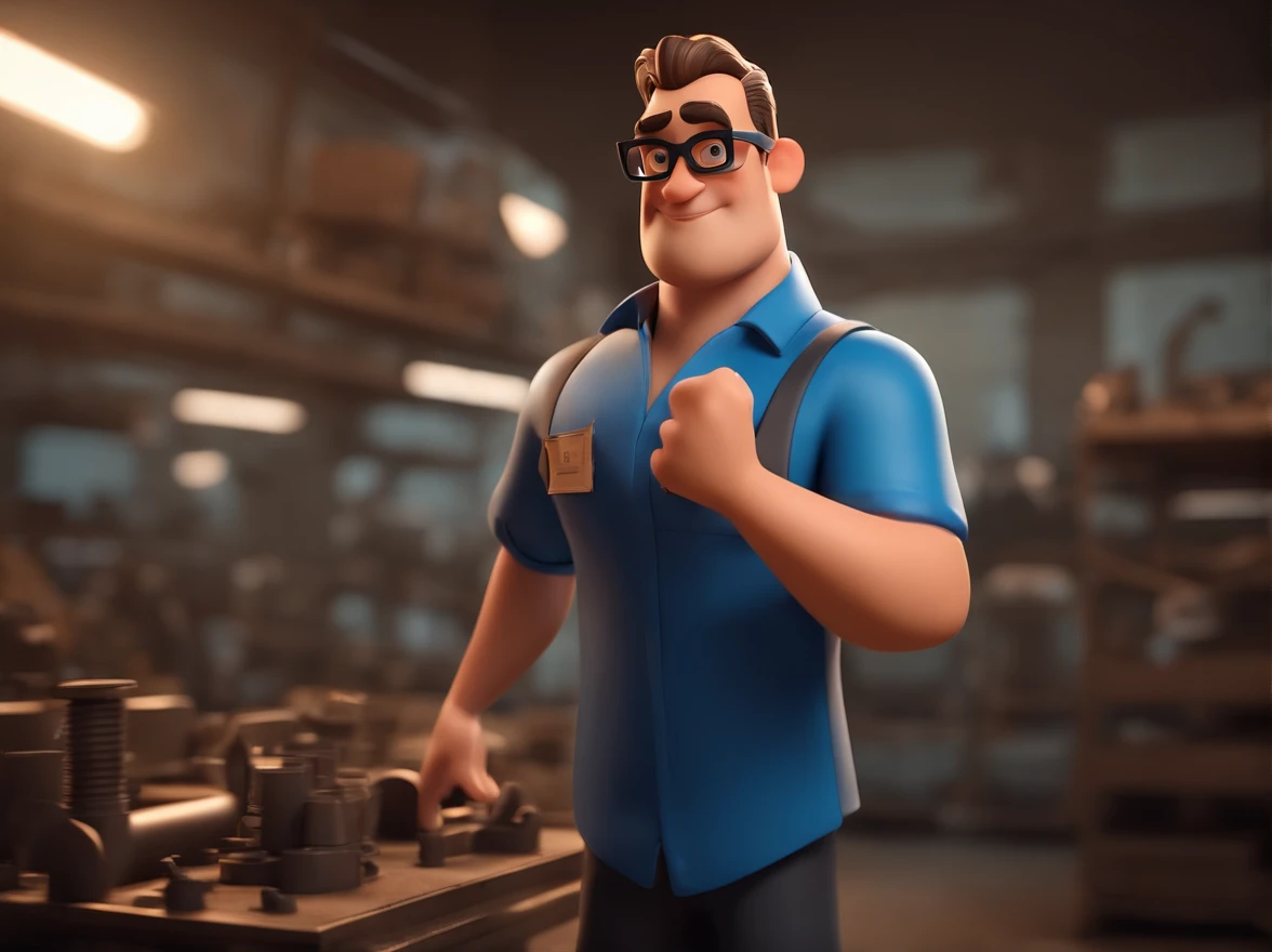 Cartoon character of a man wearing black glasses and a blue shirt, um personagem animado, Caractere estilizado, animation style rendering, 3D estilizado, Arnold Maya render, 3 d render stylized, toon render keyshot, Personagem 3D, Personagem 3D, 3d rendering stylized, 3 d character render, personagem de desenho animado, Personagem de close up, Pose de personagem, (Estilo Pixar) (master part:1.2) (Bokeh) (best quality) (pele detalhada) (textura detalhada) (8k) (argila) (Cinematic lighting) (foco nítido，Senta e vaza a parte superior do corpo. Operating Heavy Machinery, industriais, Scenery in a workshop, dentro da empresa.