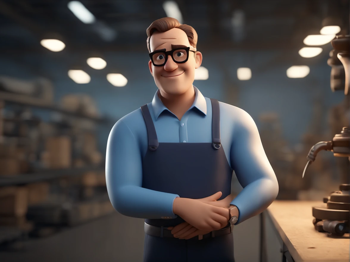 Cartoon character of a man wearing black glasses and a blue shirt, um personagem animado, Caractere estilizado, animation style rendering, 3D estilizado, Arnold Maya render, 3 d render stylized, toon render keyshot, Personagem 3D, Personagem 3D, 3d rendering stylized, 3 d character render, personagem de desenho animado, Personagem de close up, Pose de personagem, (Estilo Pixar) (master part:1.2) (Bokeh) (best quality) (pele detalhada) (textura detalhada) (8k) (argila) (Cinematic lighting) (foco nítido,Senta e vaza a parte superior do corpo. Operating Heavy Machinery, industriais, Scenery in a workshop, dentro da empresa.