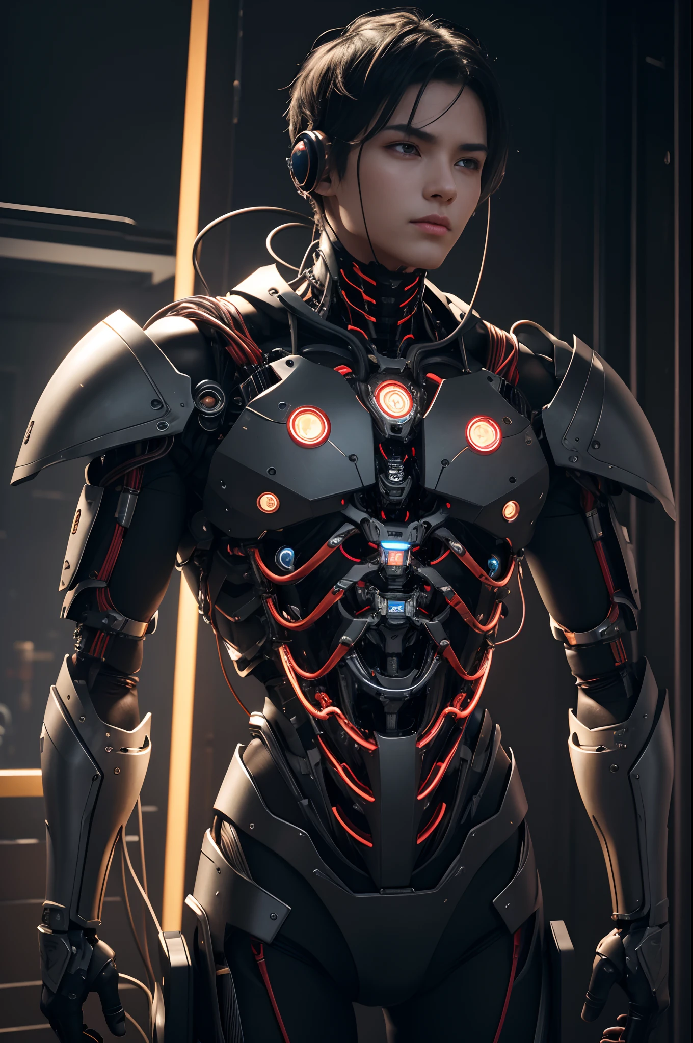 1 Suspended upper body,Mechanical Boy in the process of being built、((super realistic details))、portlate、globalillumination、Shadow、octan render、8K、ultrasharp、metal、Convolut、Ornament Details、Cold color、Egyptian Detail、highly intricate detail、Realistic light、Trends in CGS Society、radiant eyes、Camera orientation、Neon Detail、machanical limbs、Blood vessels connected to tubes、Mechanical vertebrae attached to the back、Mechanical cervical neck was attached、Sedentary position、Wires and cables connected to the head,Handsome with black hair short hair,Connected to many cables,appearance々No color to issue LEDs,android,Half of the body is a machine,Internal structure of the machine,Lots of wires and cables,