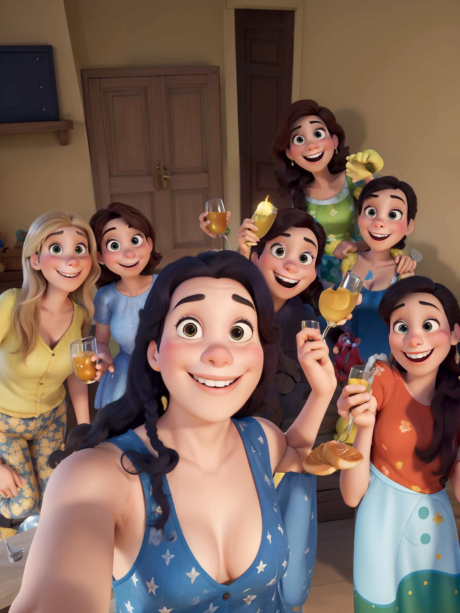 Obra-prima, de melhor qualidade, estilo Pixar/Disney. There are 7 friends toasting, felizes.