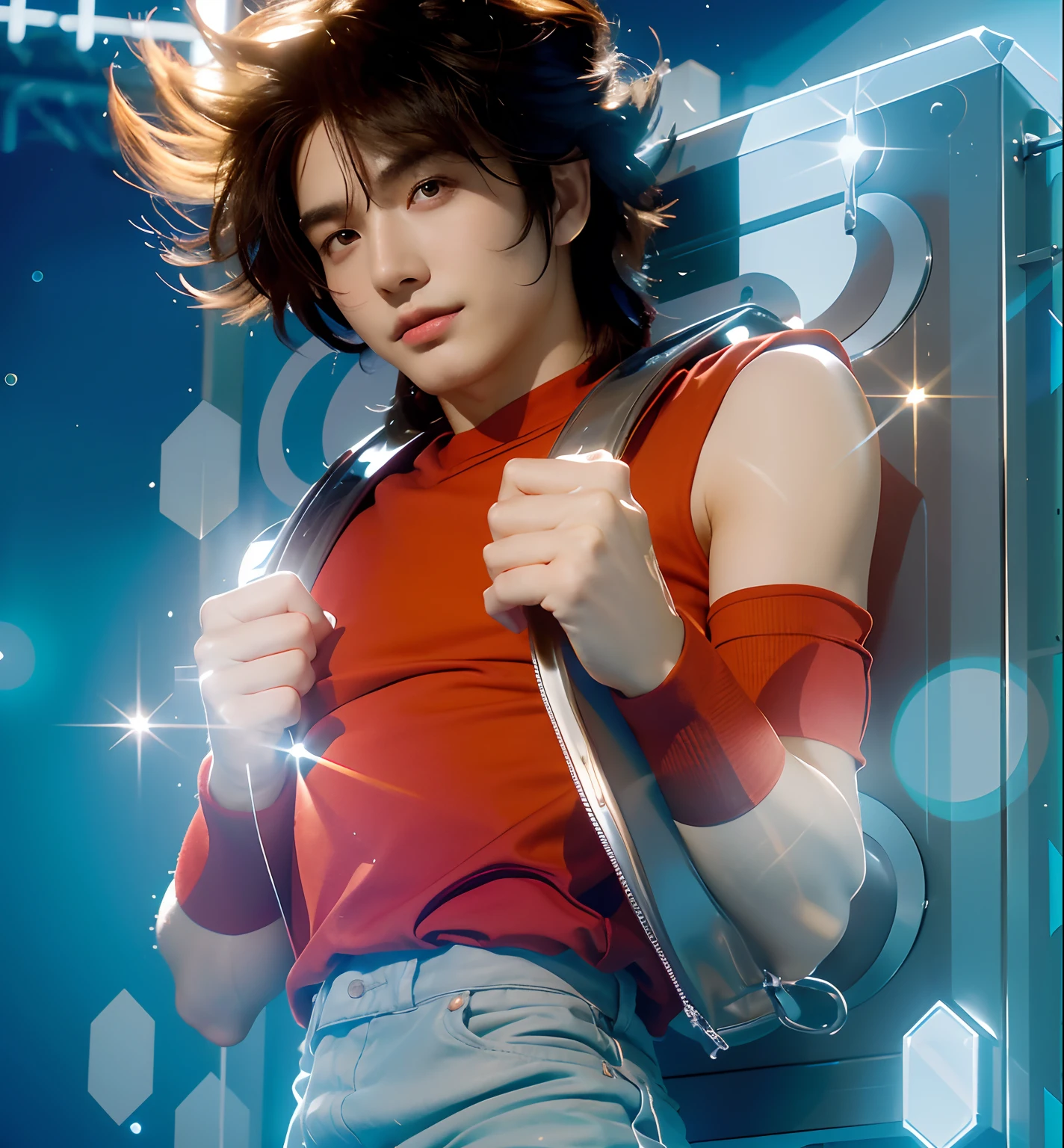 (masterpiece), (realistic) , close up port hair of a man, (male), 20 years old, asian (1boy), solo, slightly side view, pretty handsome man, ((pretty big brown eyes)), slightly smile, wearing, short brown hair, (bangs), hair blowing in the air, upper body, red regatta, bands on arms, light blue jeans, holding handles, metal box on his back, (chrome metal box), leather shoulder straps, looking the viewer, cinematic lighting, ((beardless)).