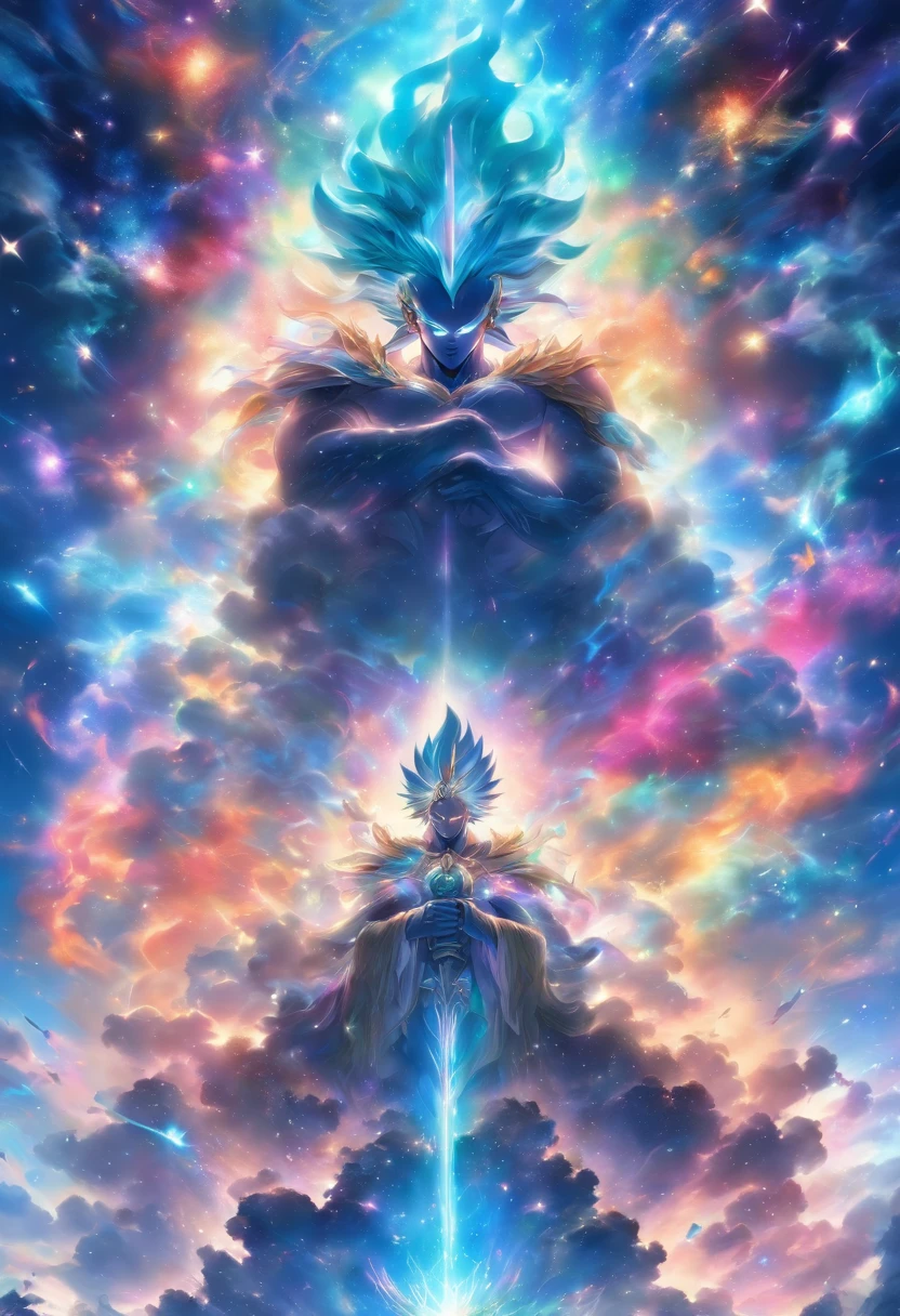An ethereal god of the galaxy sitting on a magnificent cosmic throne, com um misterioso rosto mascarado. Its muscular body is armored and composed of spinning galaxies, Emanating Cosmic Energy. The scene is bathed in a mesmerizing multicolored glow, como corpos celestes orbitam em torno deles --s 150 --ar 1:1 --c 5 --v 5.2