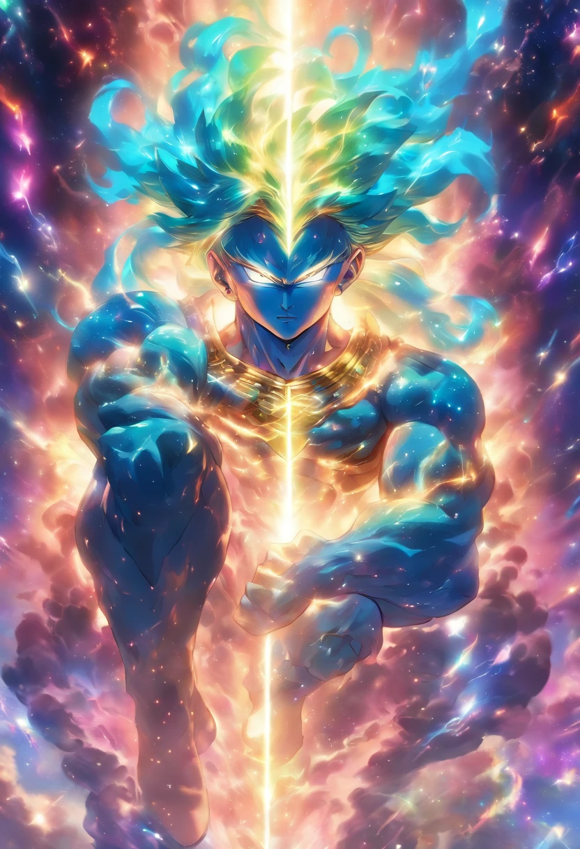An ethereal god of the galaxy sitting on a magnificent cosmic throne, com um misterioso rosto mascarado. Its muscular body is armored and composed of spinning galaxies, Emanating Cosmic Energy. The scene is bathed in a mesmerizing multicolored glow, como corpos celestes orbitam em torno deles --s 150 --ar 1:1 --c 5 --v 5.2